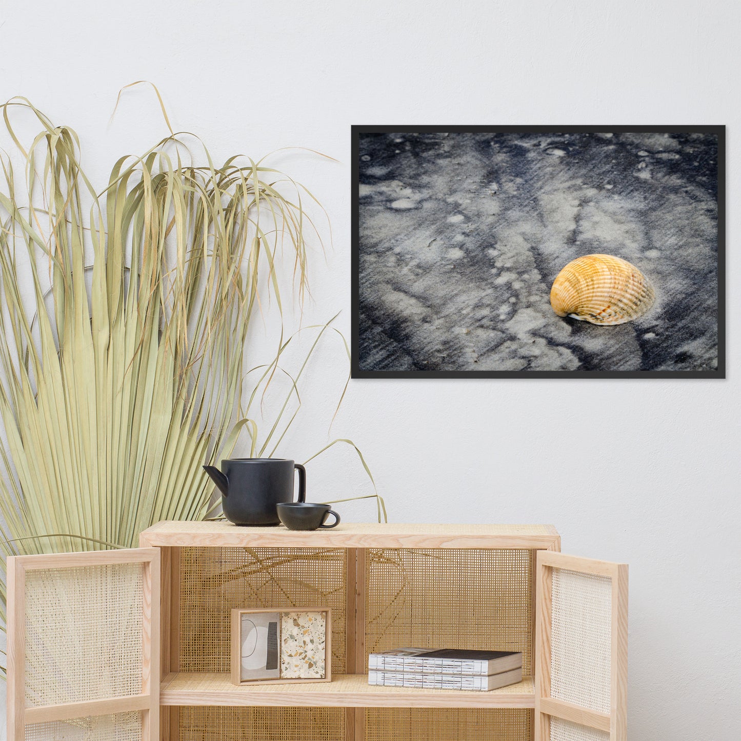 Black Sands and Seashell on the Shore Coastal Nature Photo Framed Wall Art Print