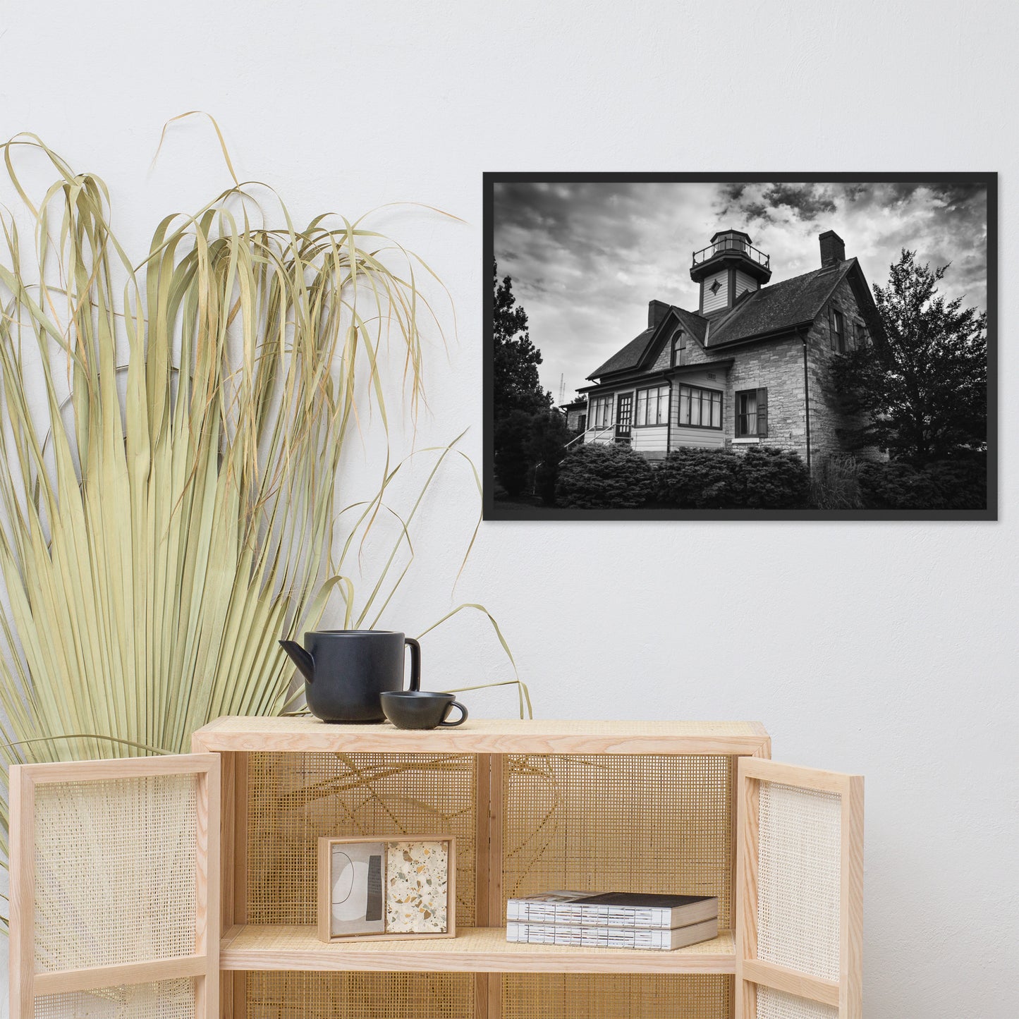 Cedar Point Lighthouse in Black and White Framed Photo Paper Wall Art Prints