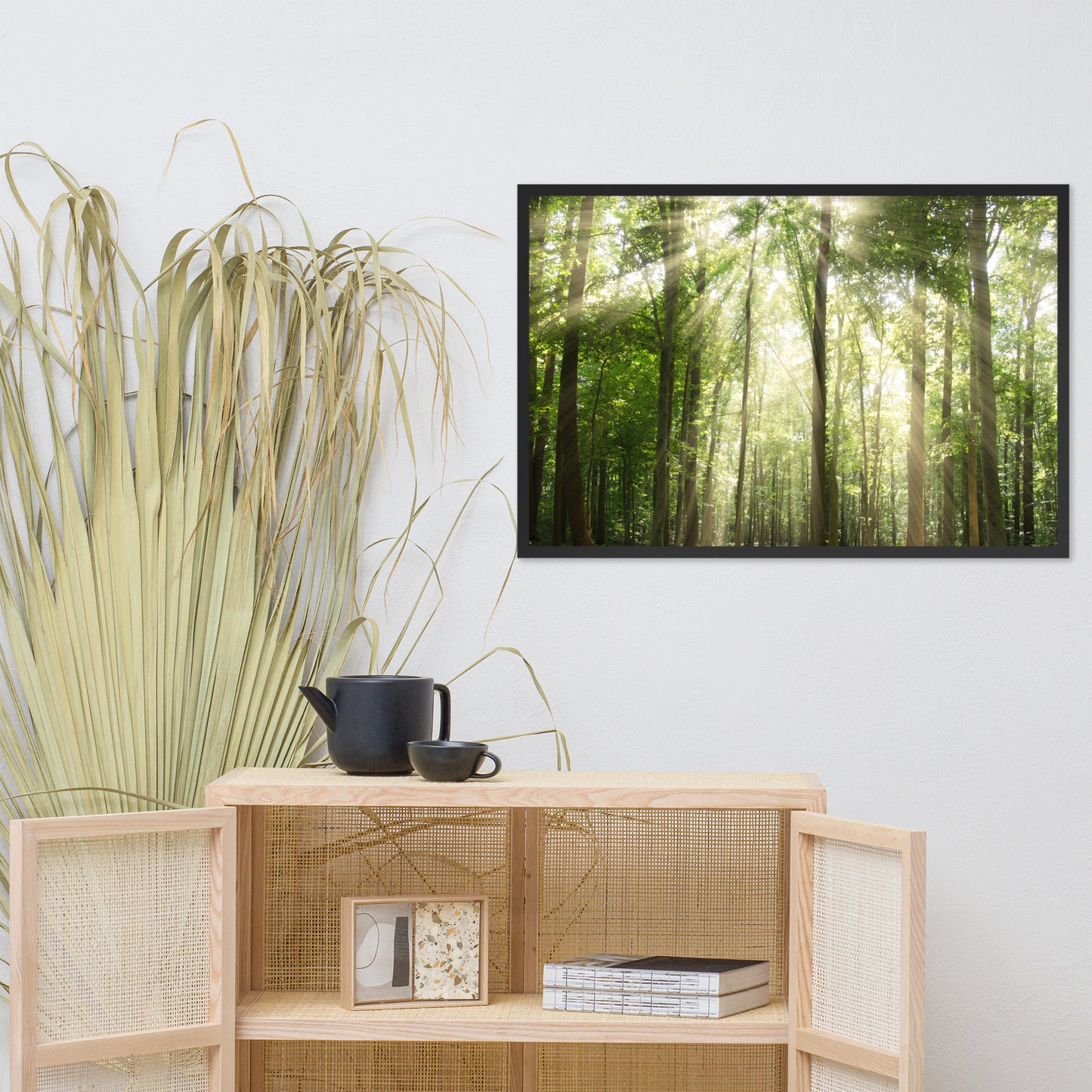 Sun Rays Through Treetops in the Forest Framed Photo Paper Wall Art Prints