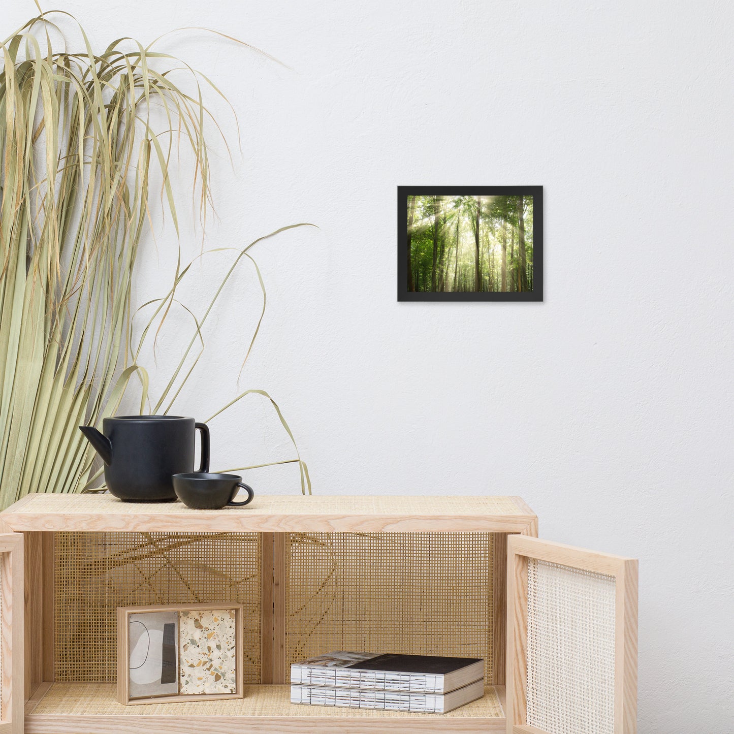 Sun Rays Through Treetops in the Forest Framed Photo Paper Wall Art Prints
