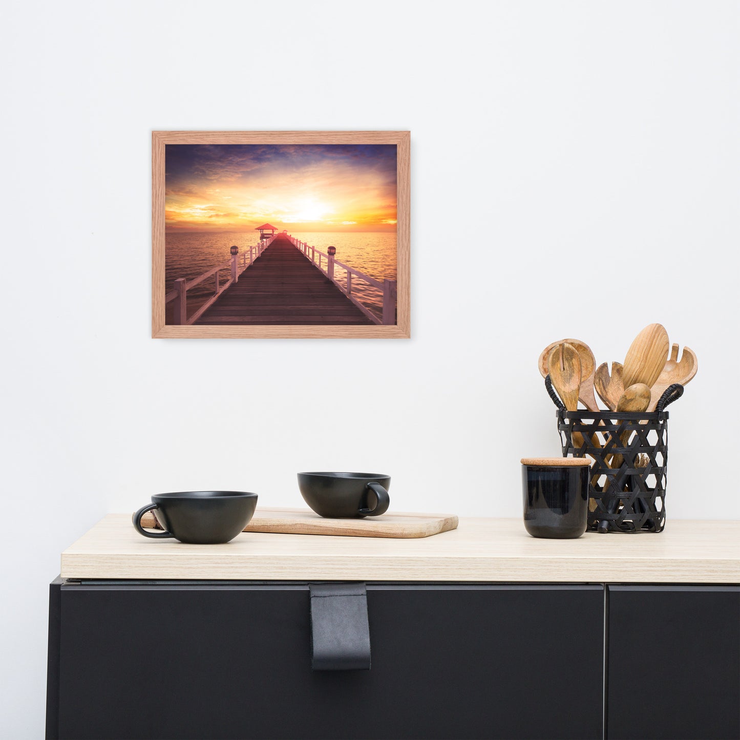 Surreal Wooden Pier at Sunset Framed Wall Art Print