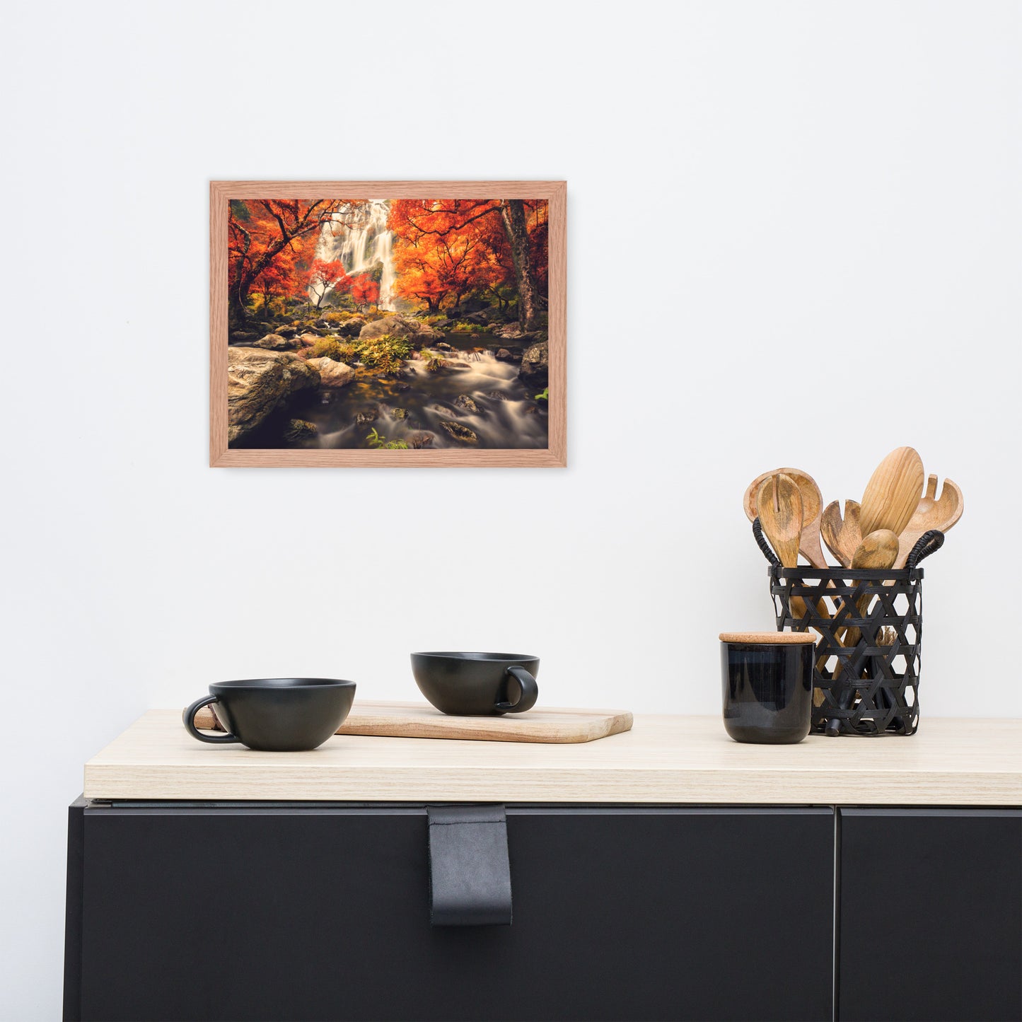 Waterfall in the Autumn with Golden Shadow Effect Framed Wall Art Prints