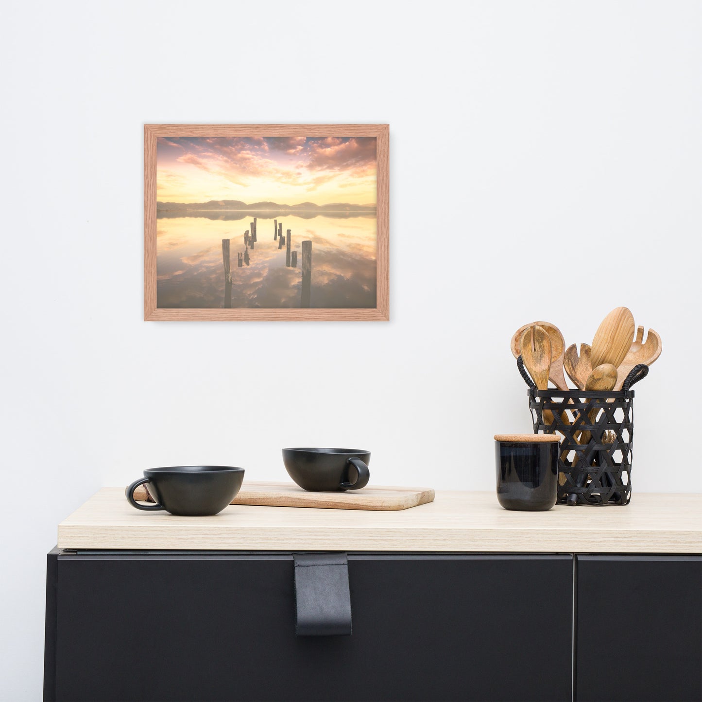 Sunset Pillars and Reflections on Lake Framed Wall Art Print