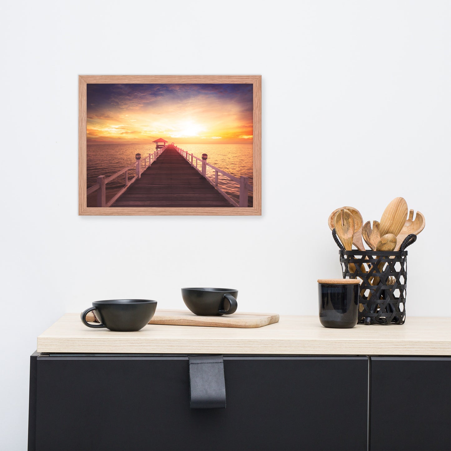 Surreal Wooden Pier at Sunset Framed Wall Art Print