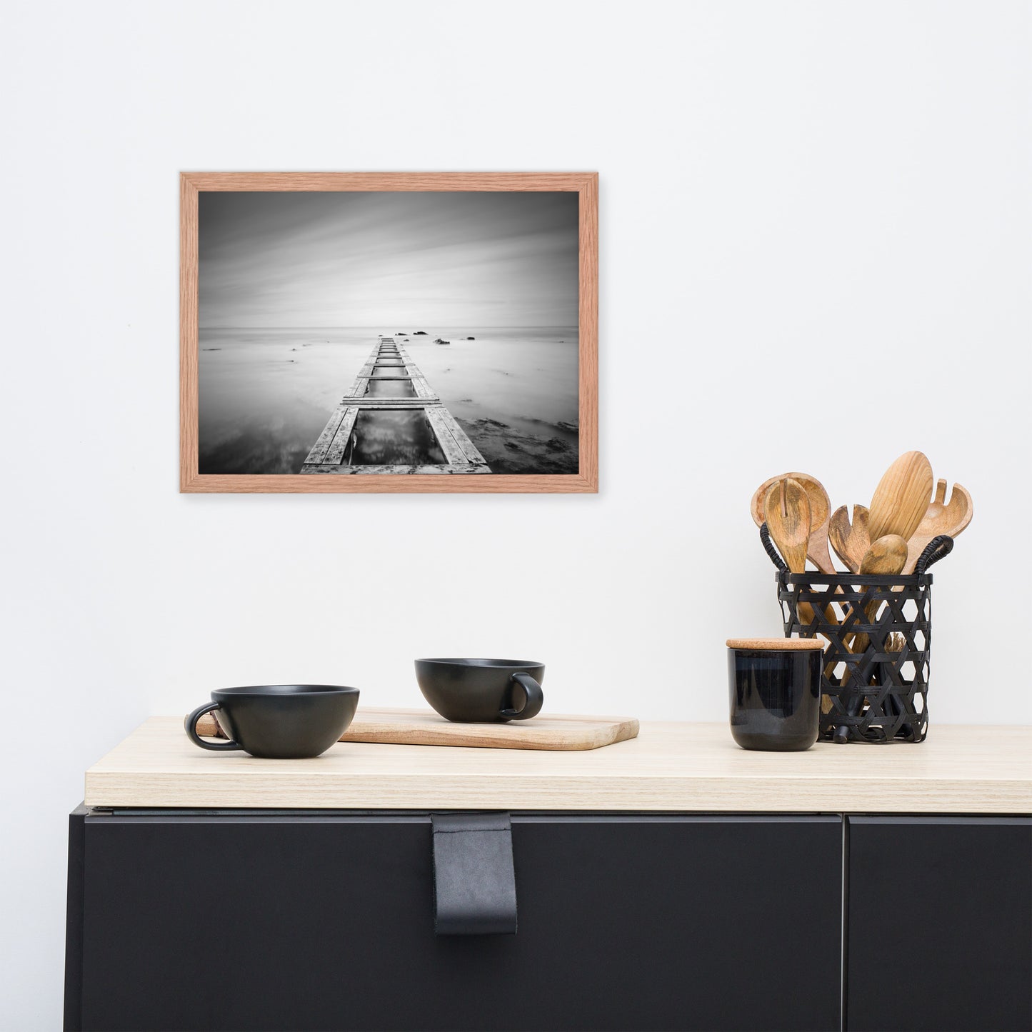 Moody Ocean and Sky Wooden Pier Black and White Framed Wall Art Prints