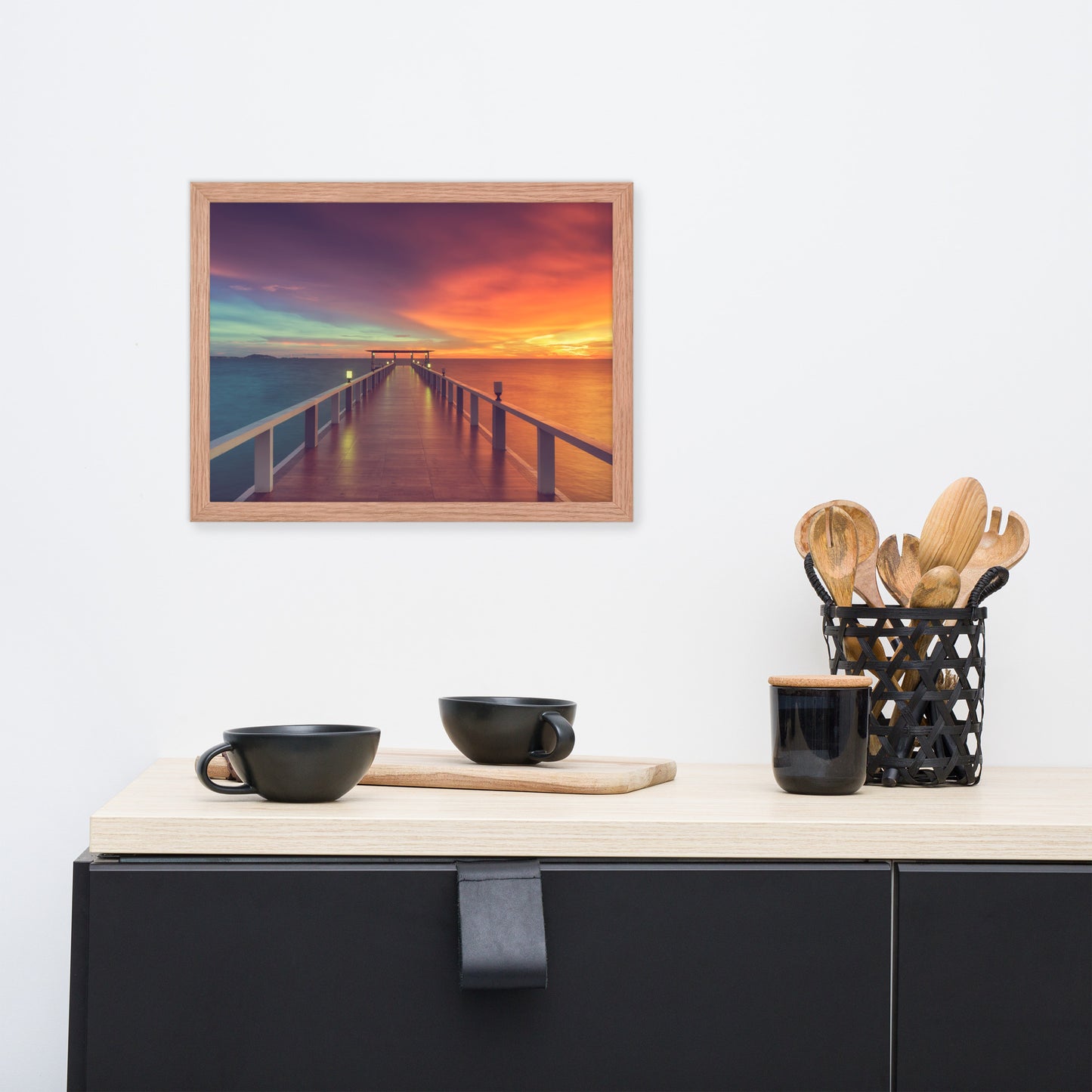 Coastal Framed Art Prints: Surreal Wooden Pier At Sunset with Intrigued Effect - Coastal / Seascape / Nature / Landscape Photo Framed Artwork - Wall Decor