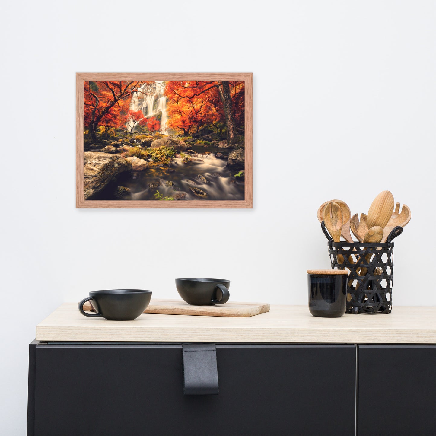 Waterfall in the Autumn with Golden Shadow Effect Framed Wall Art Prints