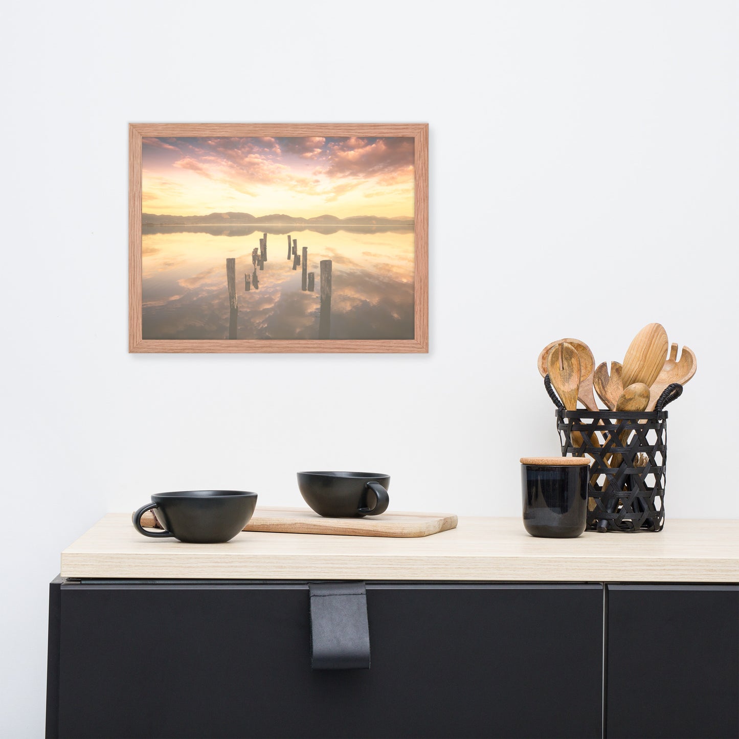 Sunset Pillars and Reflections on Lake Framed Wall Art Print