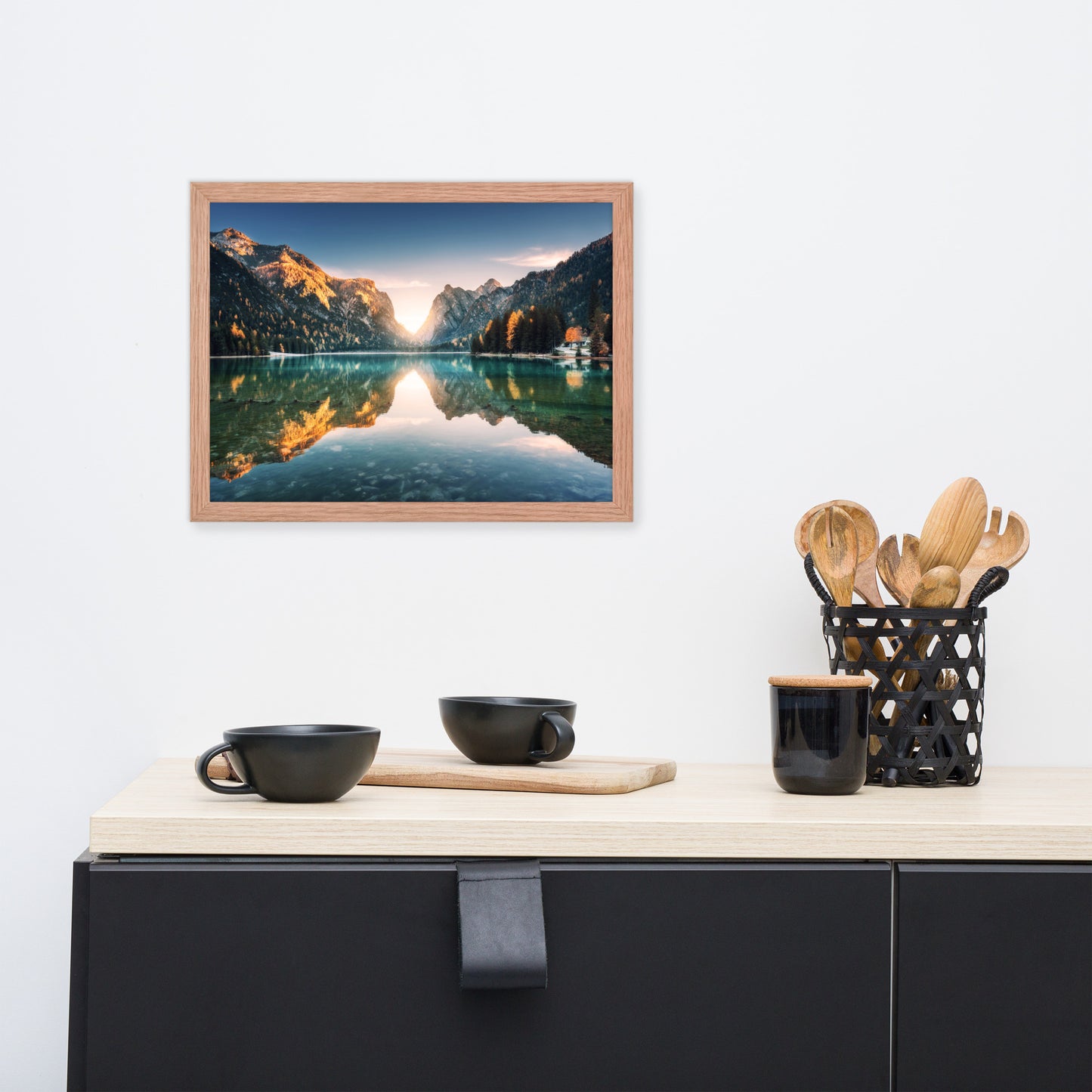 Sunrise Misty Mountain Lake Lively Color Effect Framed Wall Art Print