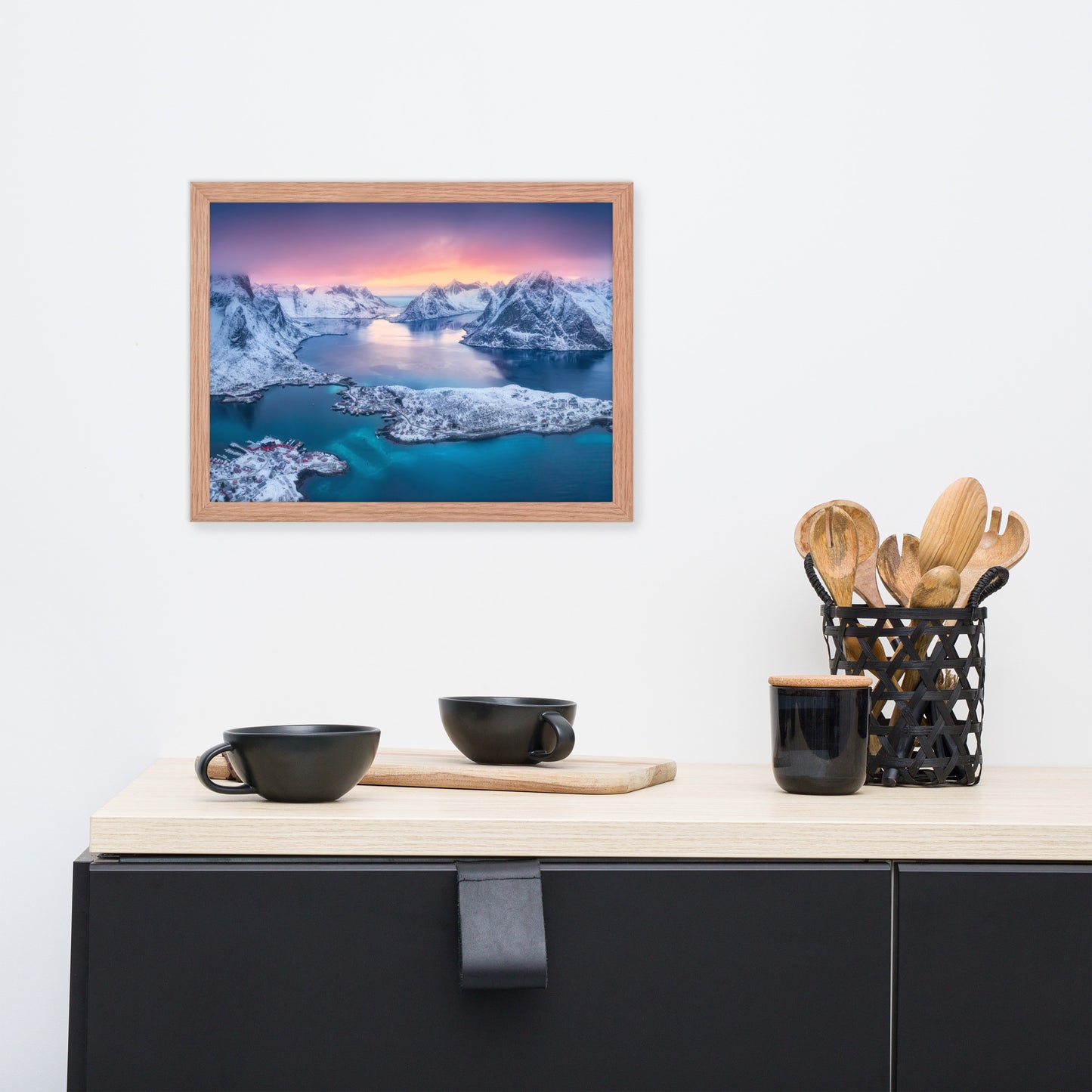 Reine at Winter Sunset Icy Mountain Framed Wall Art Print