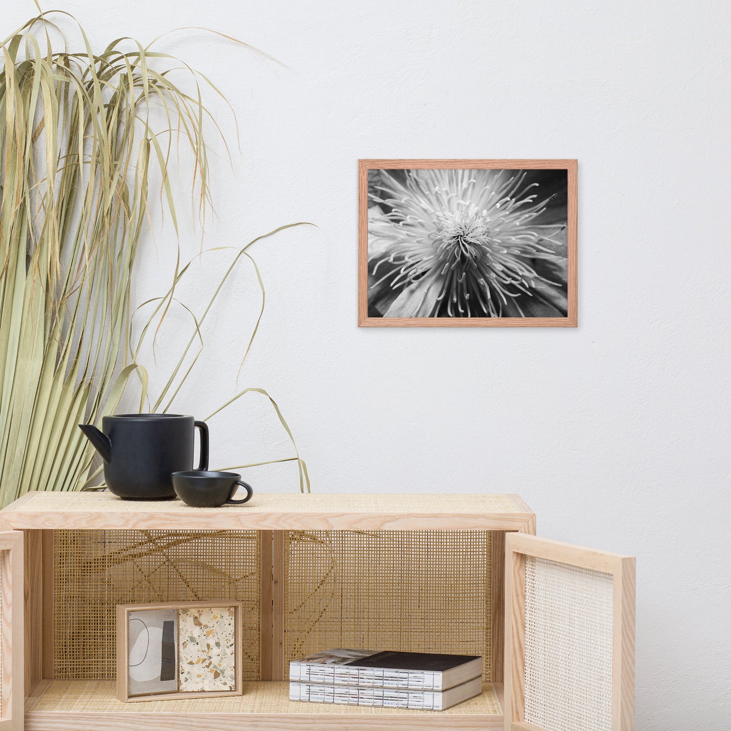 Center of Clematis Black and White Floral Nature Photo Framed Wall Art Print
