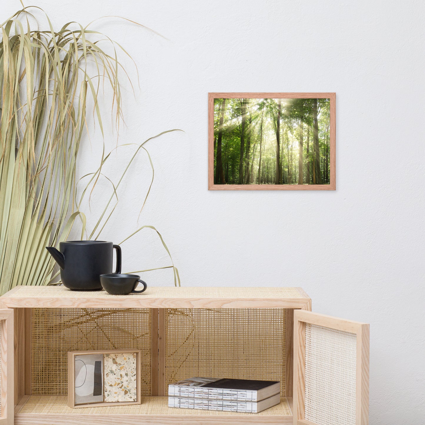 Sun Rays Through Treetops in the Forest Framed Photo Paper Wall Art Prints