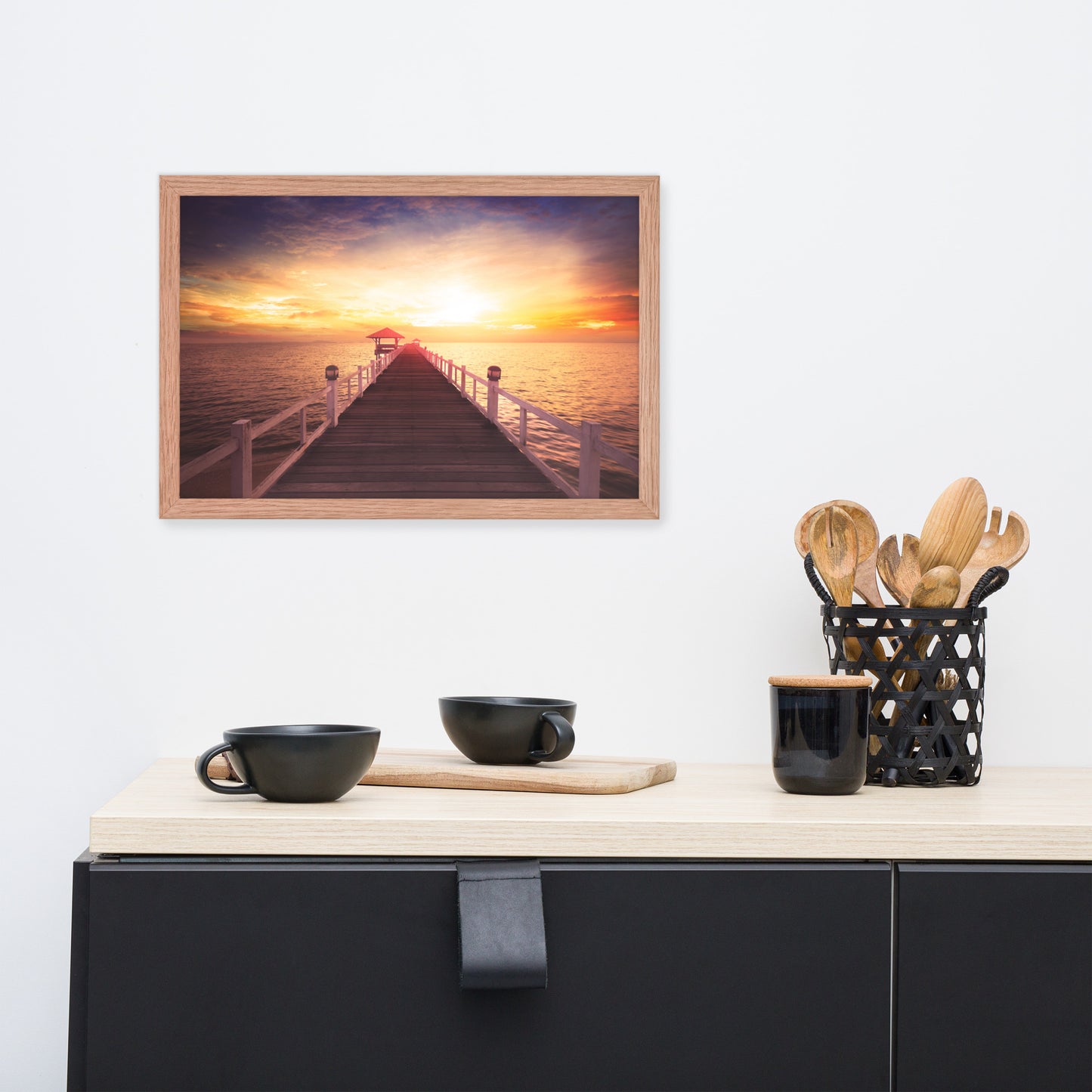 Surreal Wooden Pier at Sunset Framed Wall Art Print