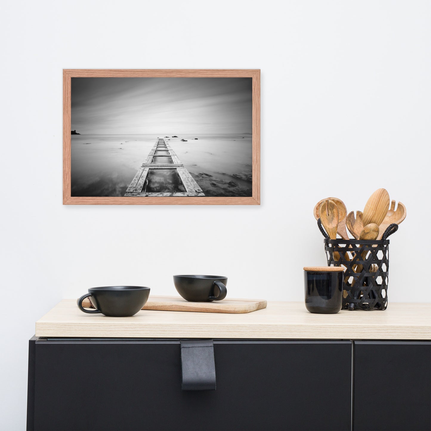 Moody Ocean and Sky Wooden Pier Black and White Framed Wall Art Prints