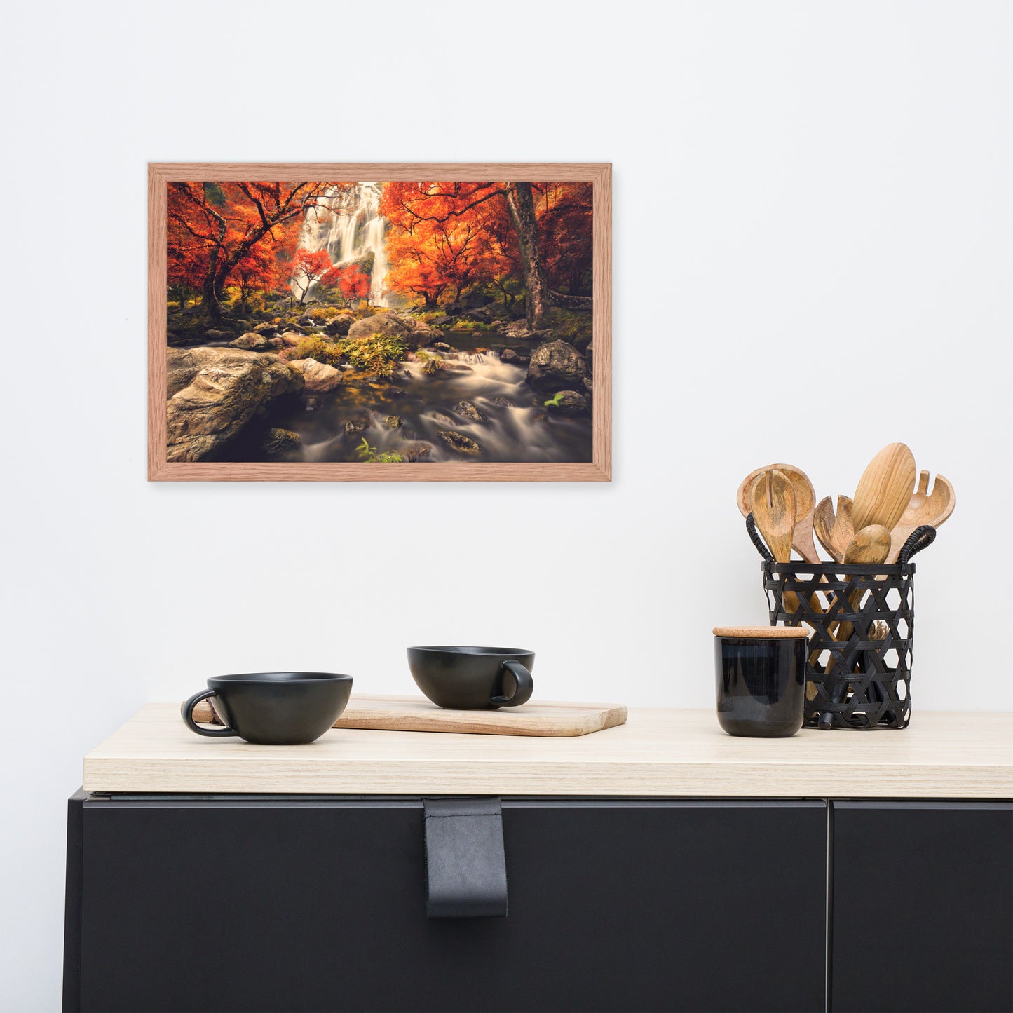 Waterfall in the Autumn with Golden Shadow Effect Framed Wall Art Prints