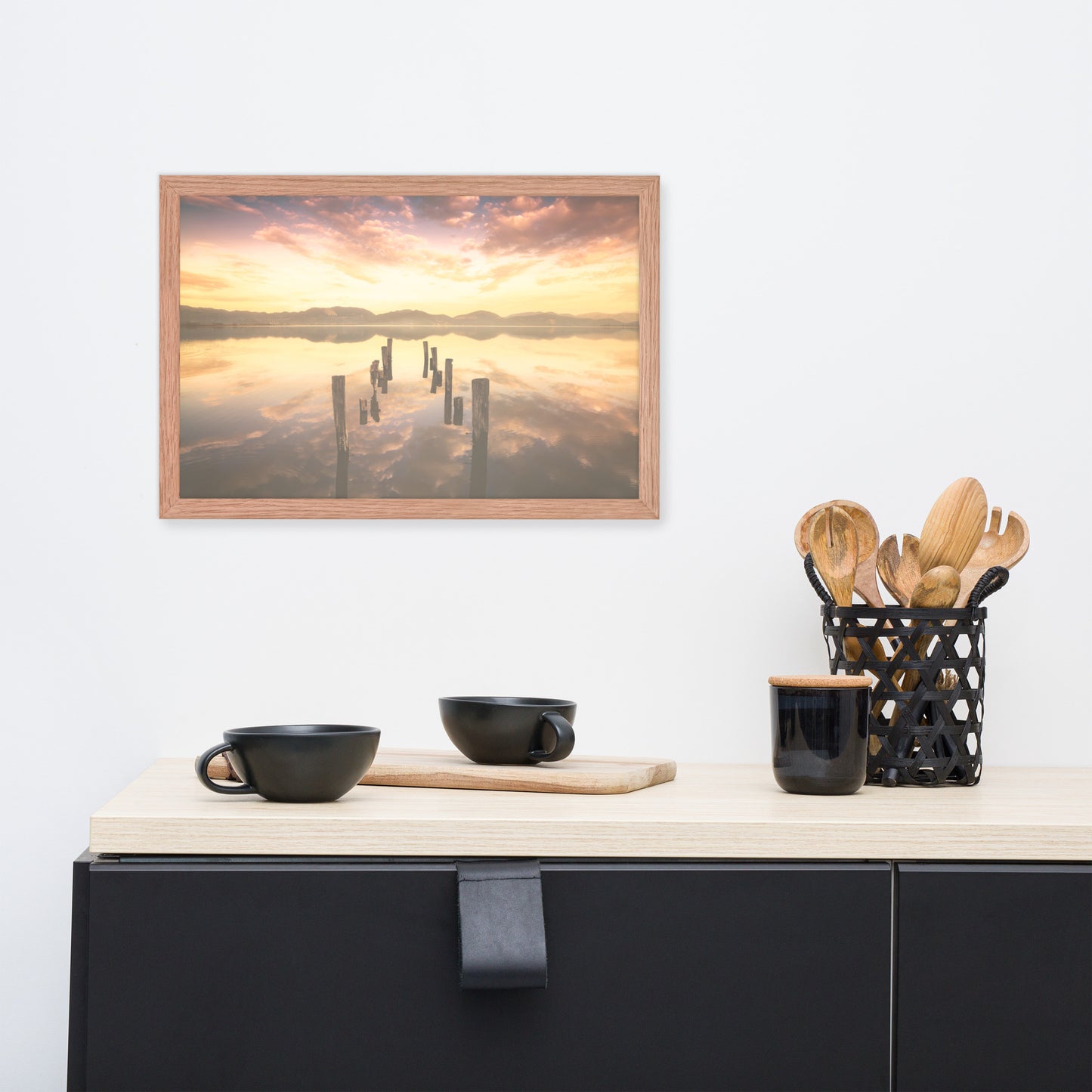 Sunset Pillars and Reflections on Lake Framed Wall Art Print