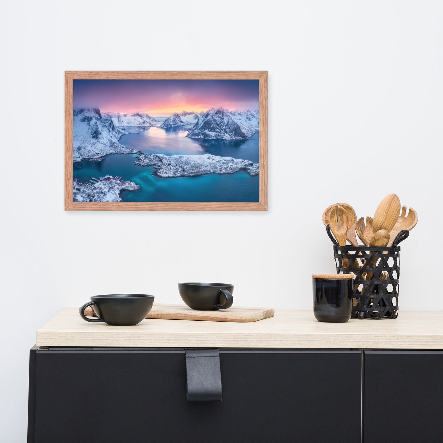Reine at Winter Sunset Icy Mountain Framed Wall Art Print