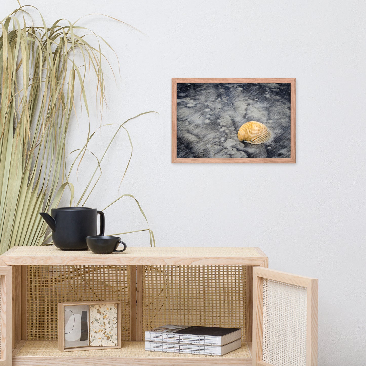 Black Sands and Seashell on the Shore Coastal Nature Photo Framed Wall Art Print