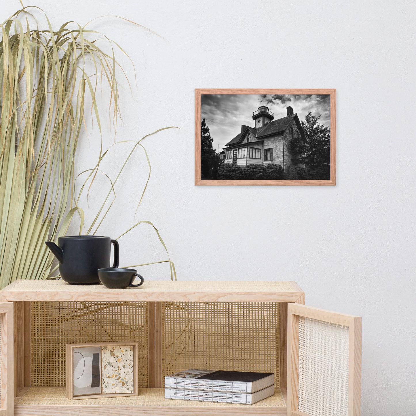 Cedar Point Lighthouse in Black and White Framed Photo Paper Wall Art Prints