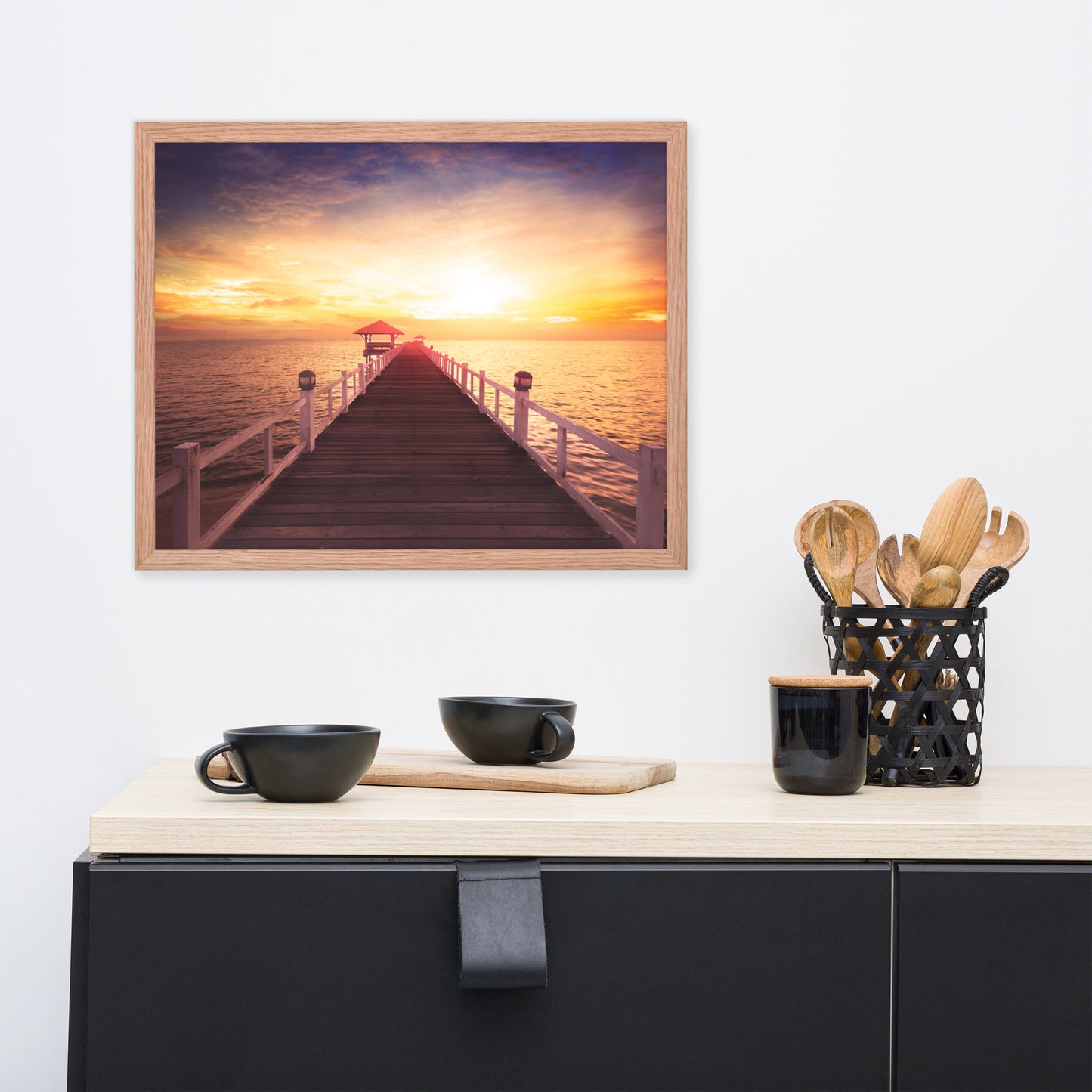 Surreal Wooden Pier at Sunset Framed Wall Art Print