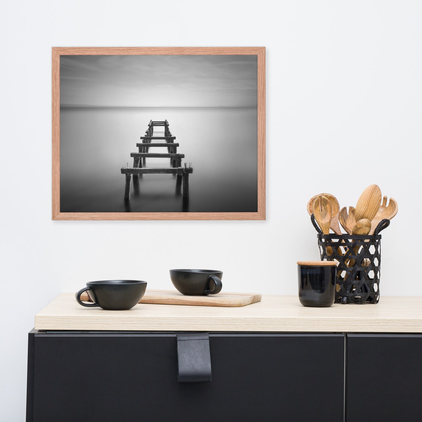 Soft Lake and Abandoned Pier Black and White Framed Wall Art Prints