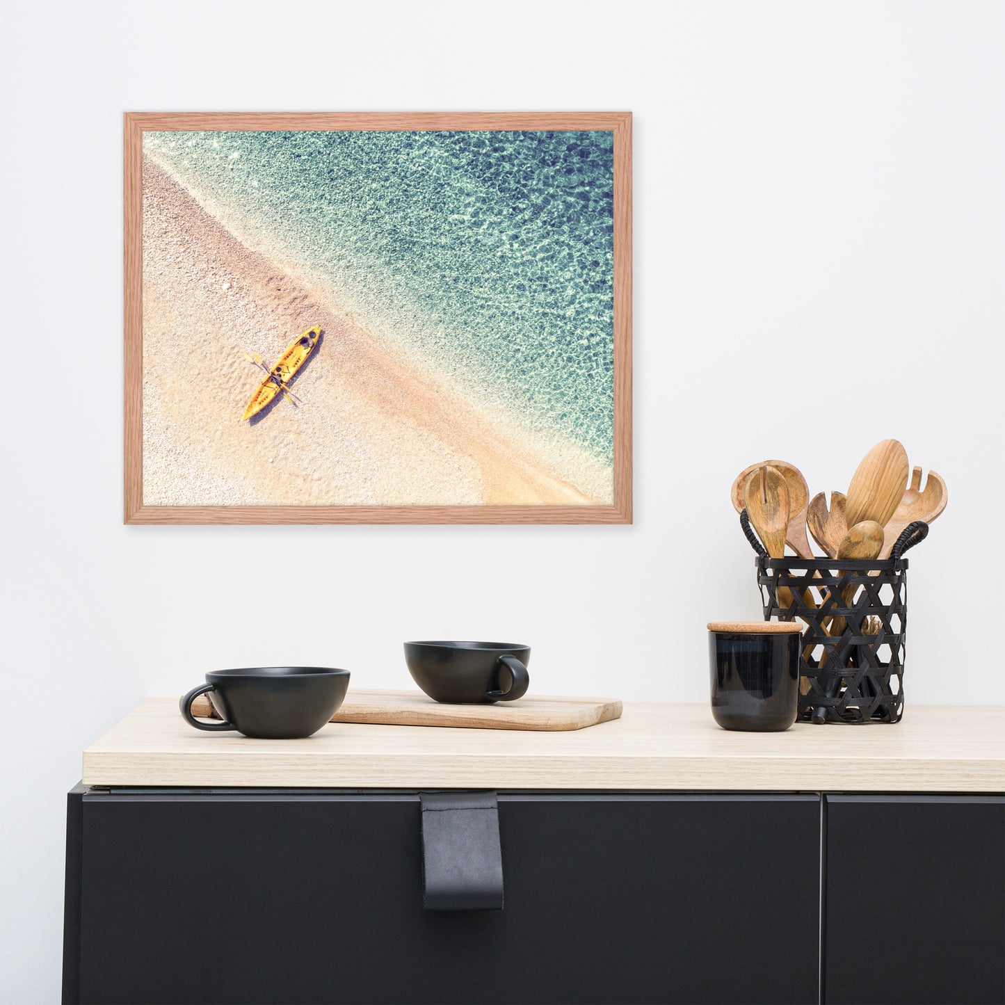 Yellow Canoe and Blue Sea by with Soft Violet Effect Framed Wall Art Prints