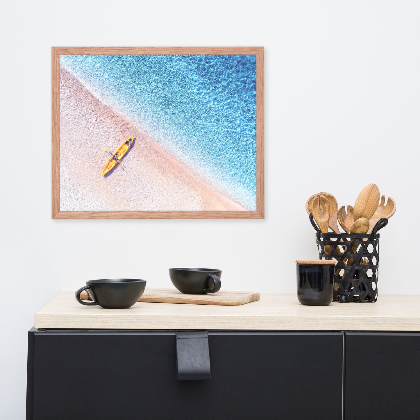 Yellow Canoe and Blue Sea with Violet Glow Effect Framed Wall Art Prints