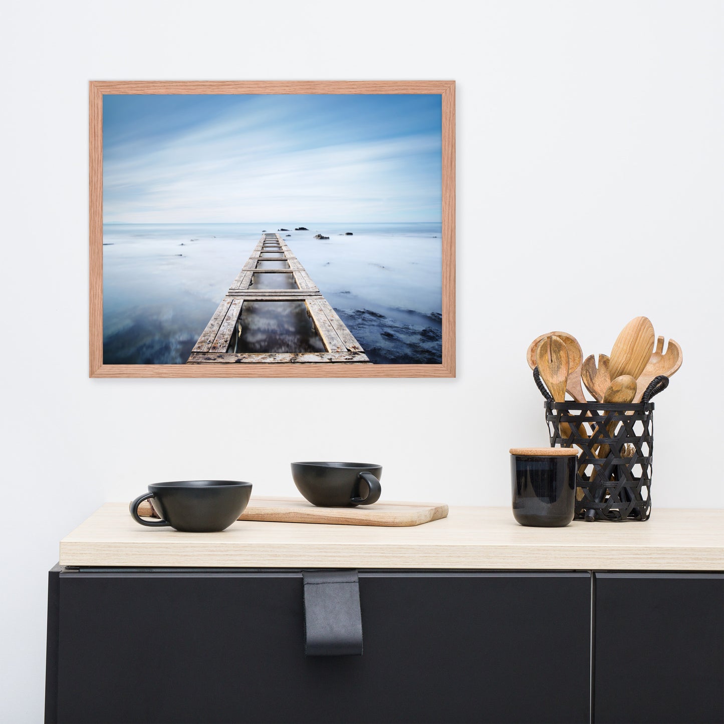 Moody Ocean and Sky Wooden Pier Framed Wall Art Prints