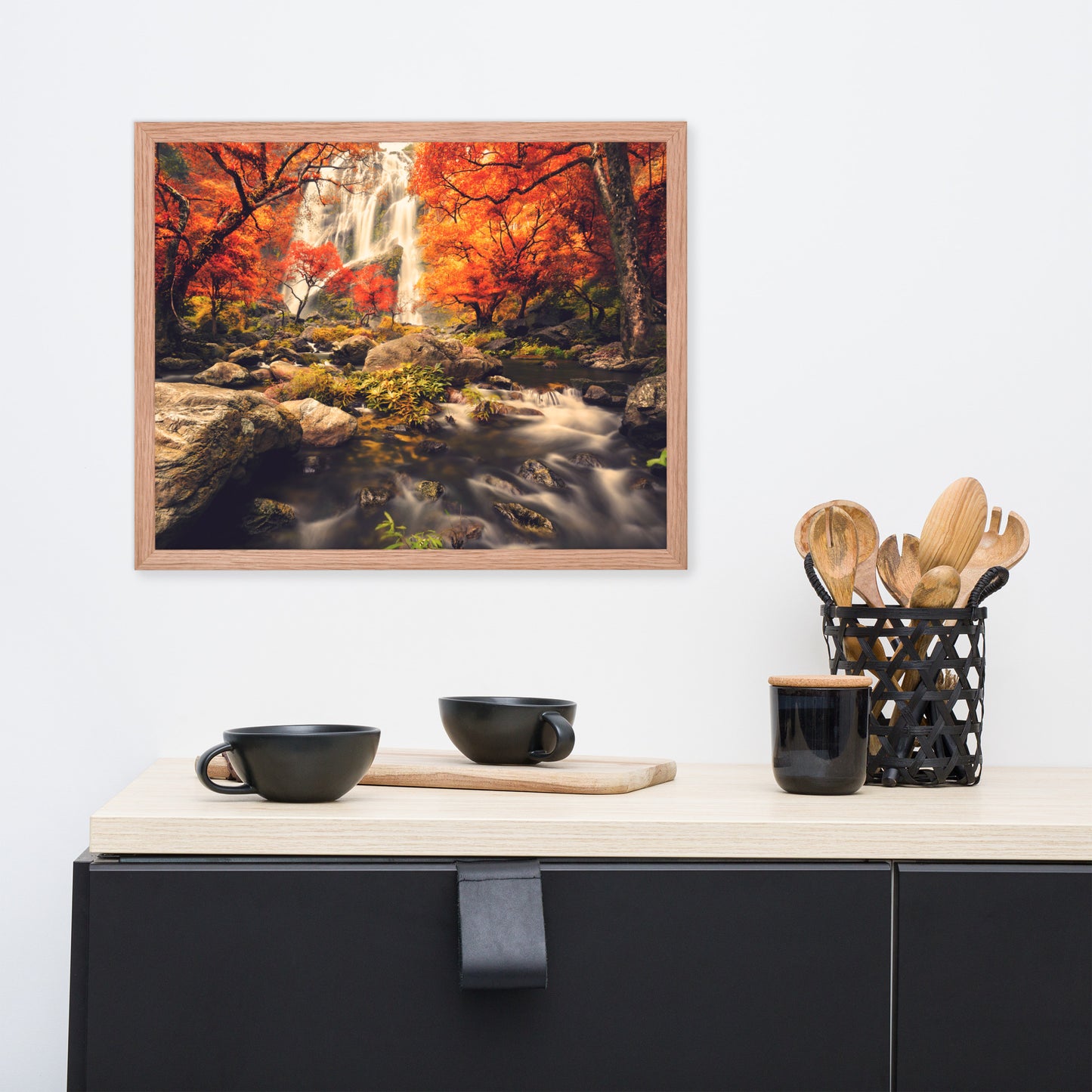Waterfall in the Autumn with Golden Shadow Effect Framed Wall Art Prints