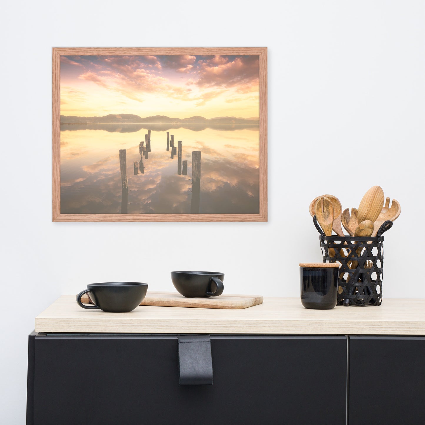 Sunset Pillars and Reflections on Lake Framed Wall Art Print