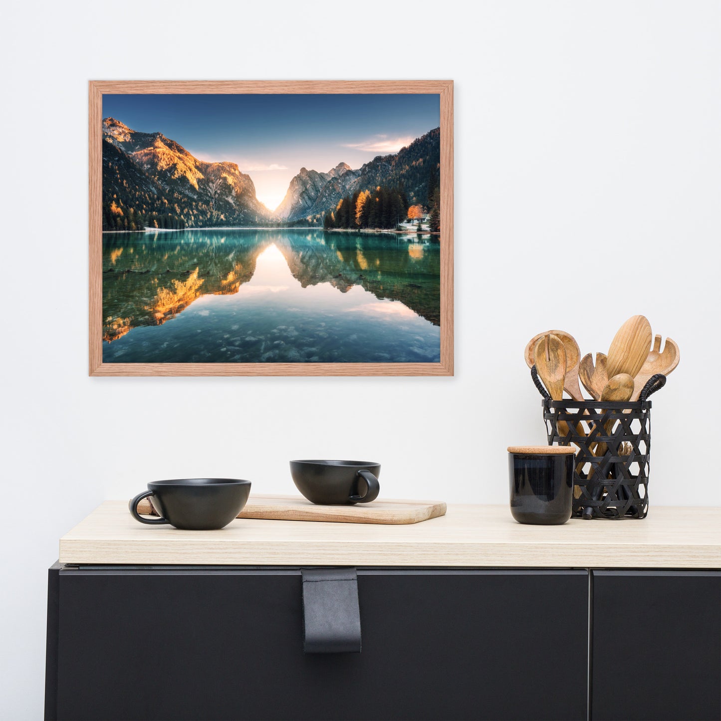 Sunrise Misty Mountain Lake Lively Color Effect Framed Wall Art Print