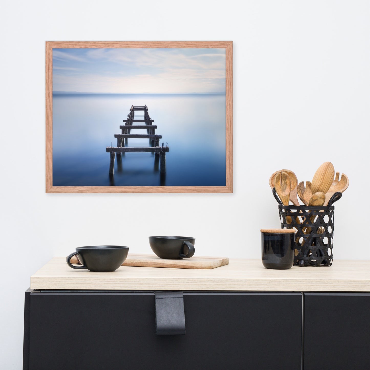 Soft Blue Lake and Abandoned Pier Landscape Photo Framed Wall Art Prints