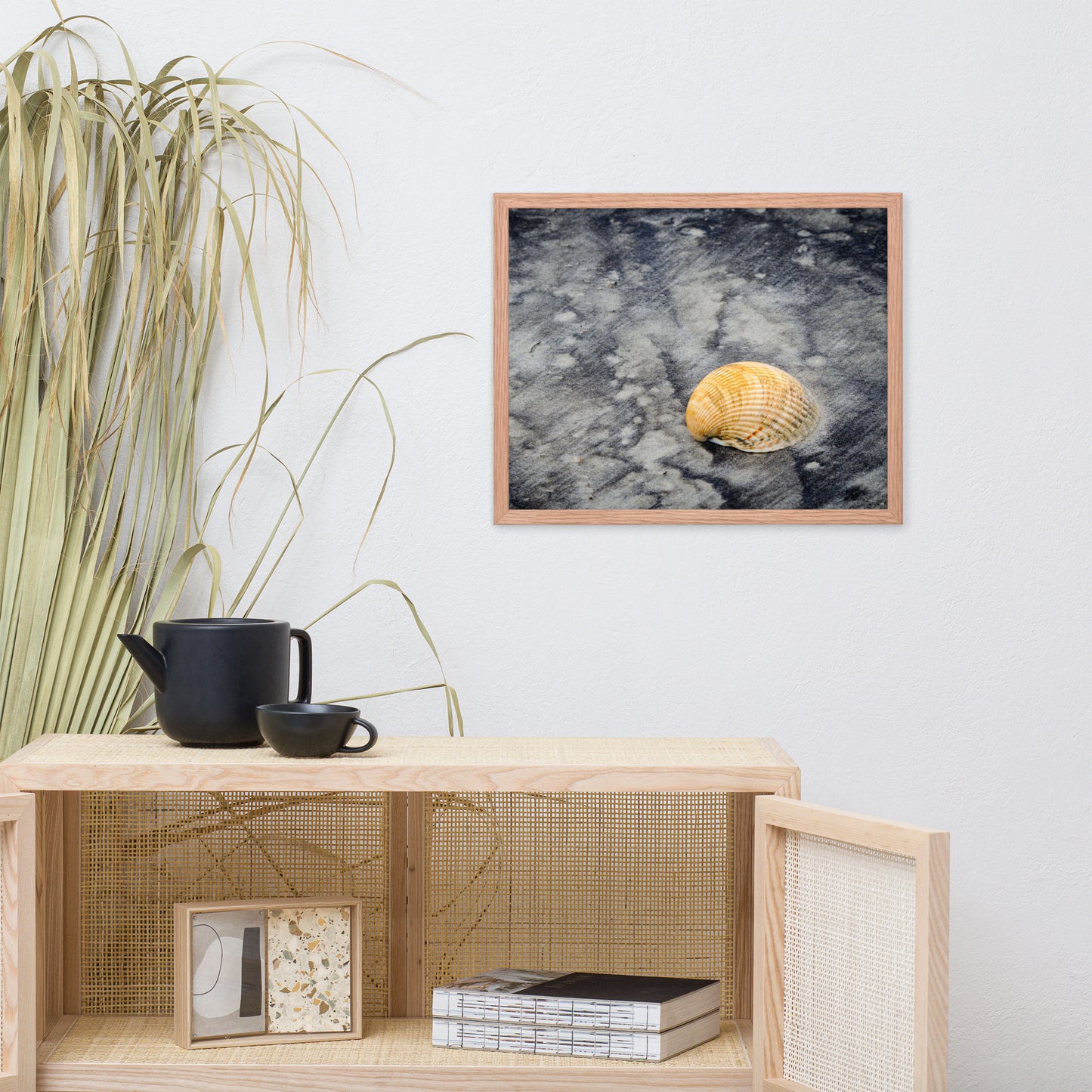 Black Sands and Seashell on the Shore Coastal Nature Photo Framed Wall Art Print