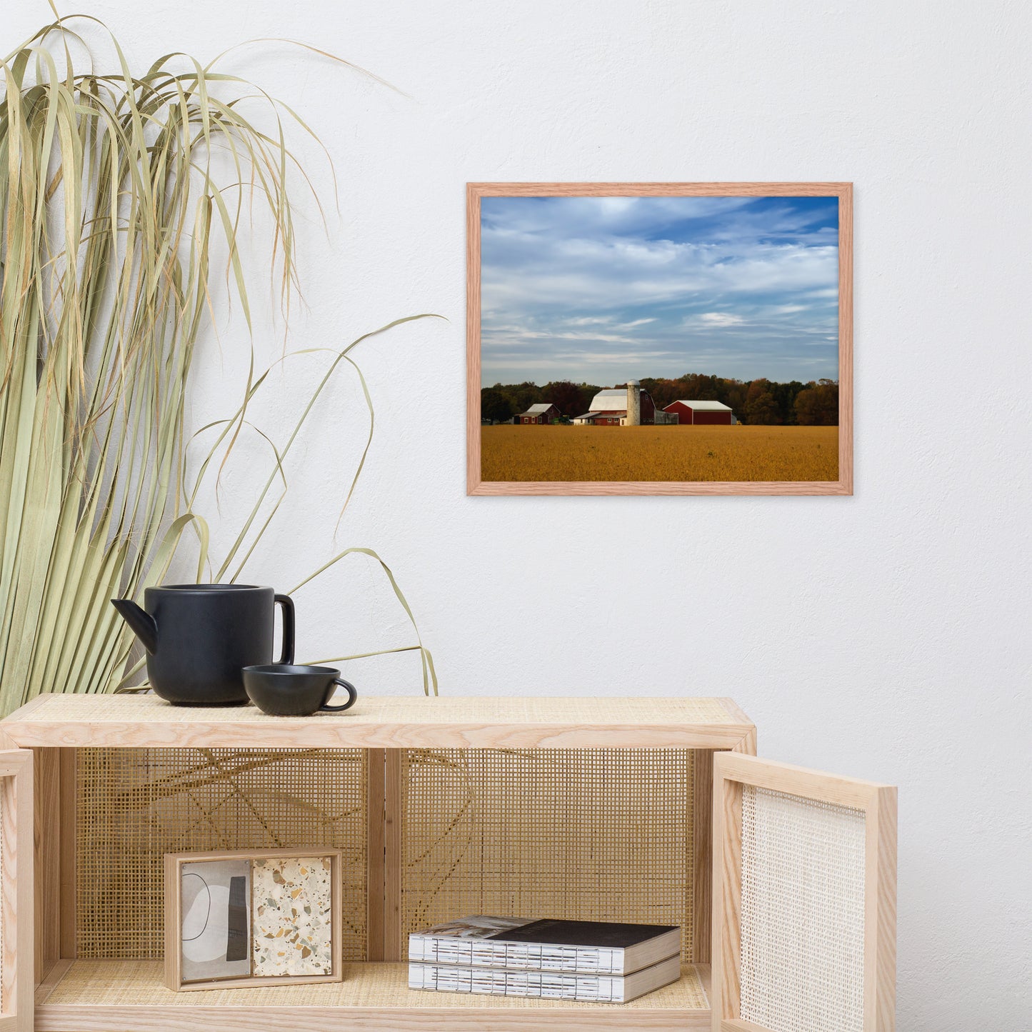 Red Barn in Golden Field Rural Landscape Framed Photo Paper Wall Art Prints
