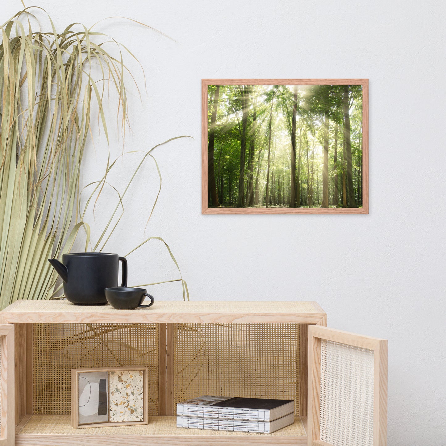Sun Rays Through Treetops in the Forest Framed Photo Paper Wall Art Prints
