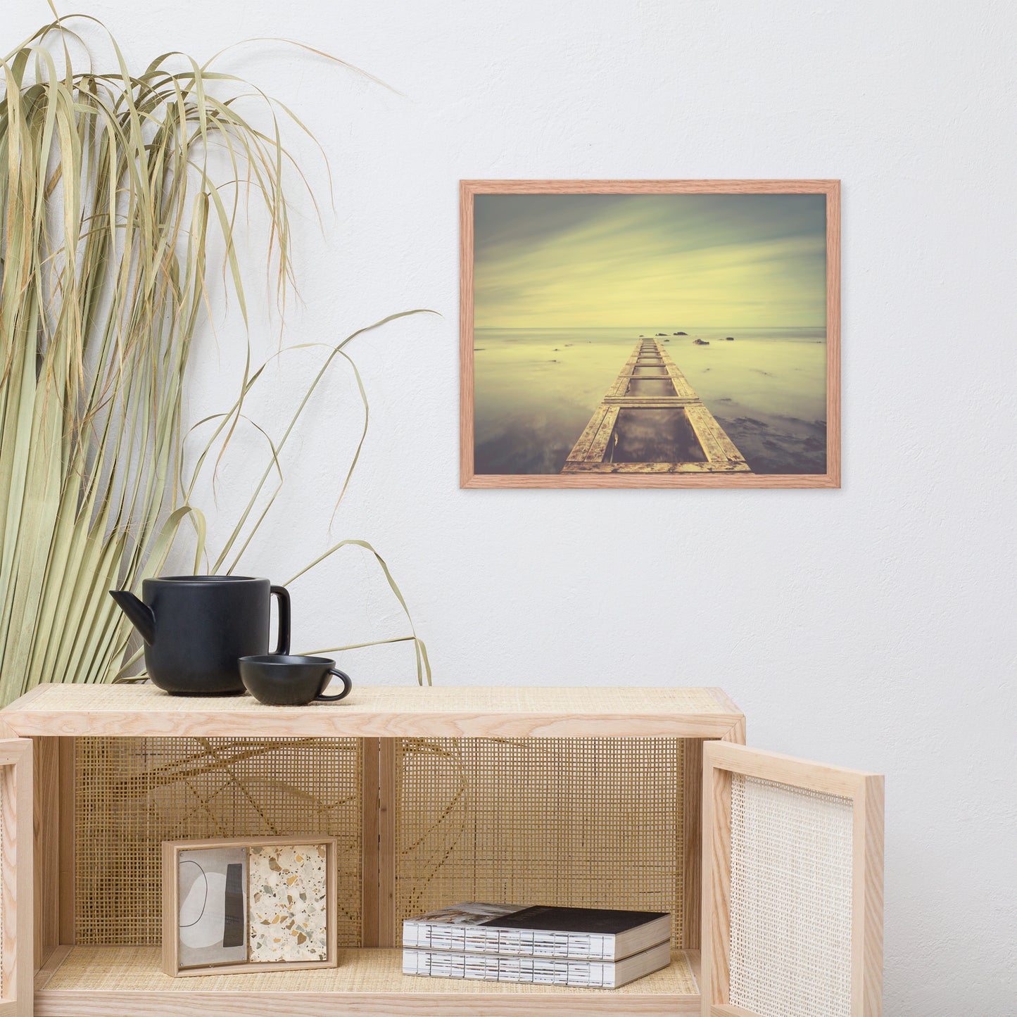 Moody Ocean and Sky Wooden Pier With Intrigued Trance Effects Framed Wall Art Prints