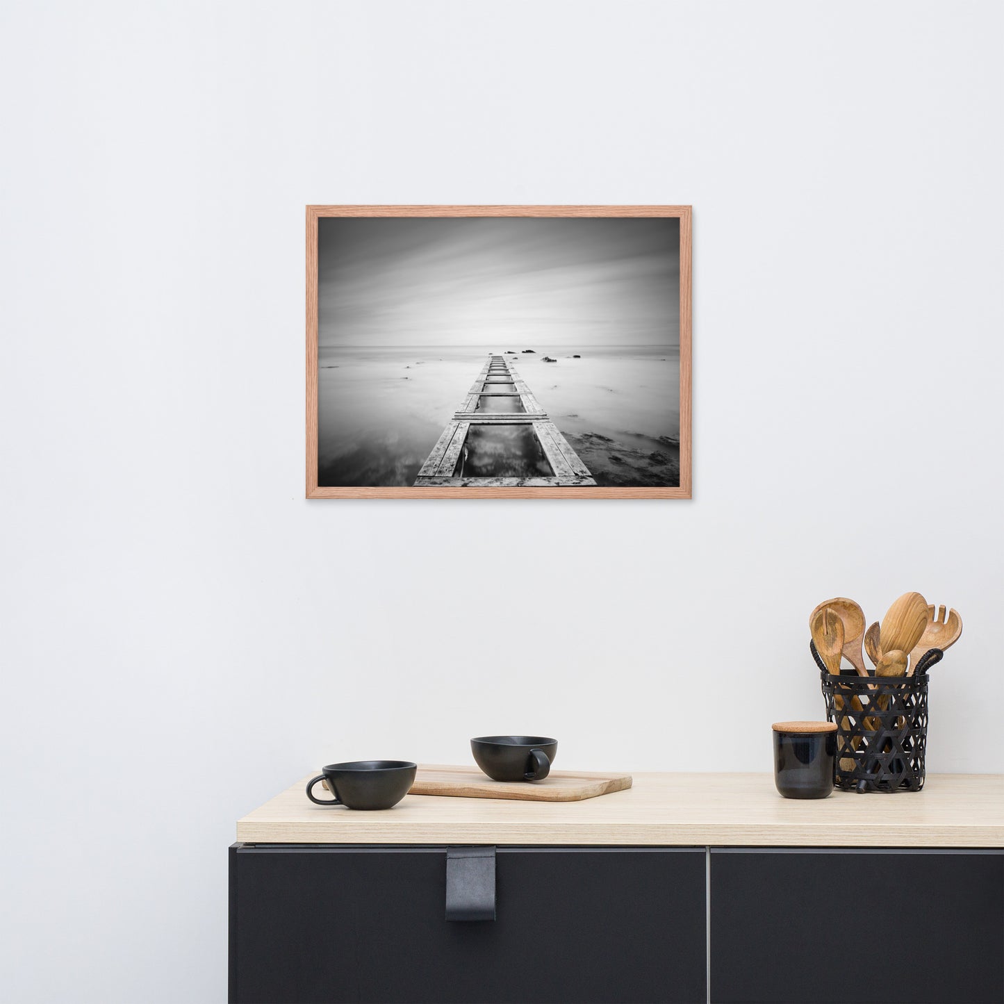 Moody Ocean and Sky Wooden Pier Black and White Framed Wall Art Prints