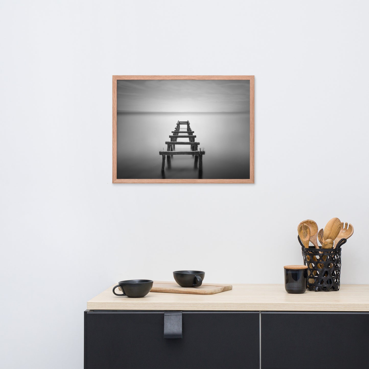 Soft Lake and Abandoned Pier Black and White Framed Wall Art Prints