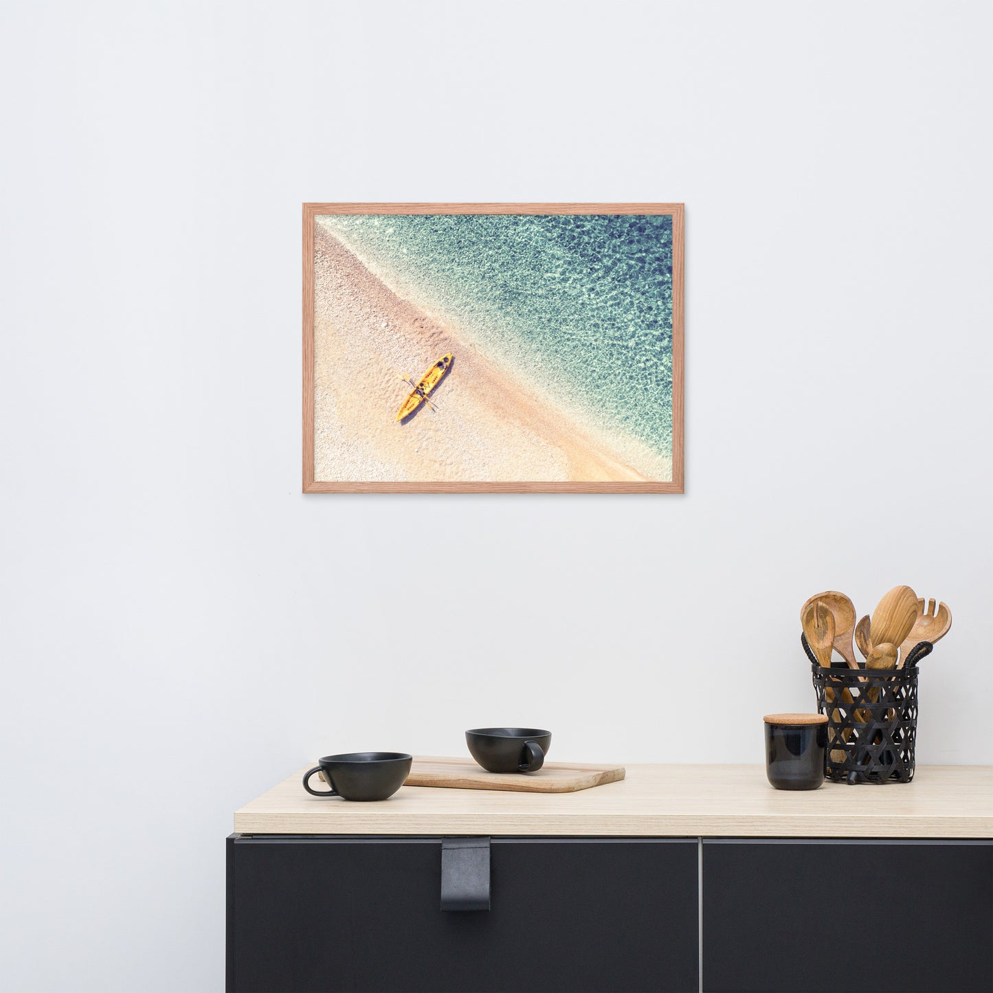 Yellow Canoe and Blue Sea by with Soft Violet Effect Framed Wall Art Prints