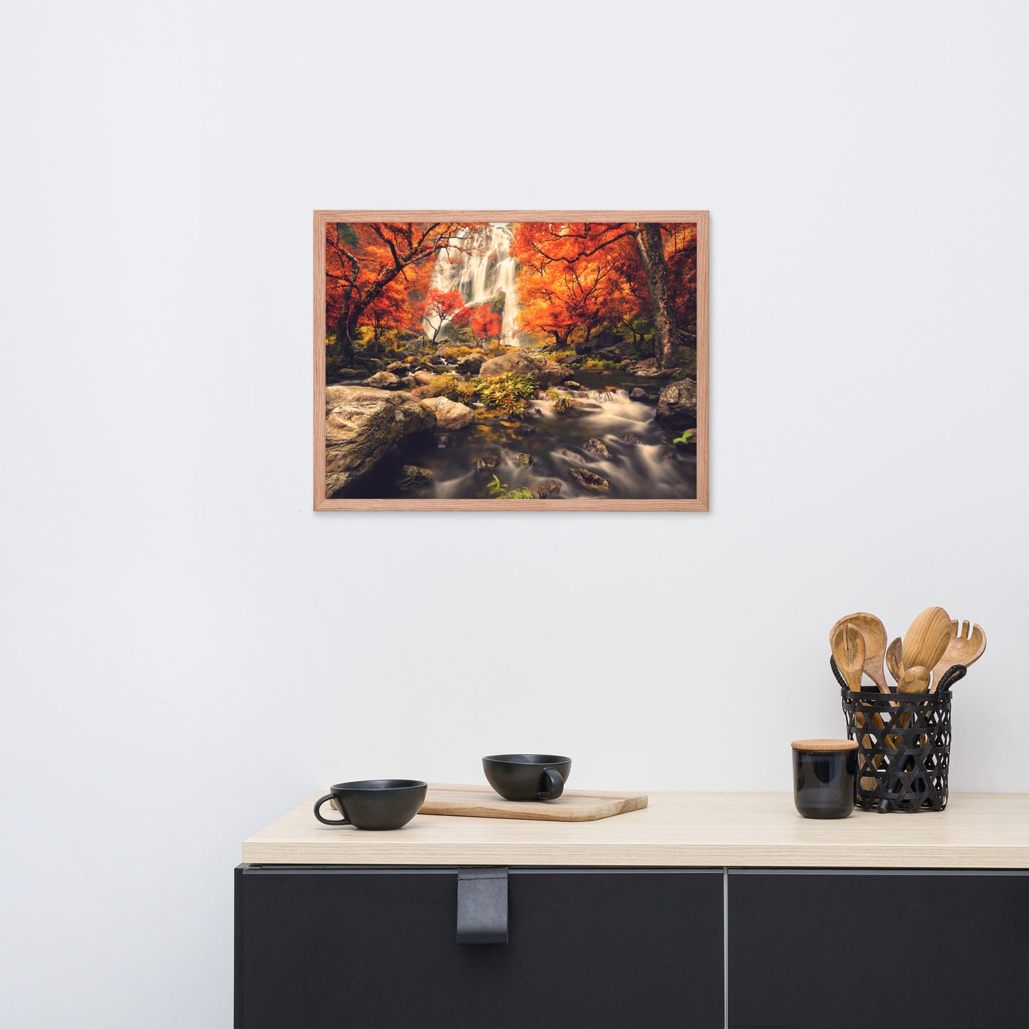 Waterfall in the Autumn with Golden Shadow Effect Framed Wall Art Prints
