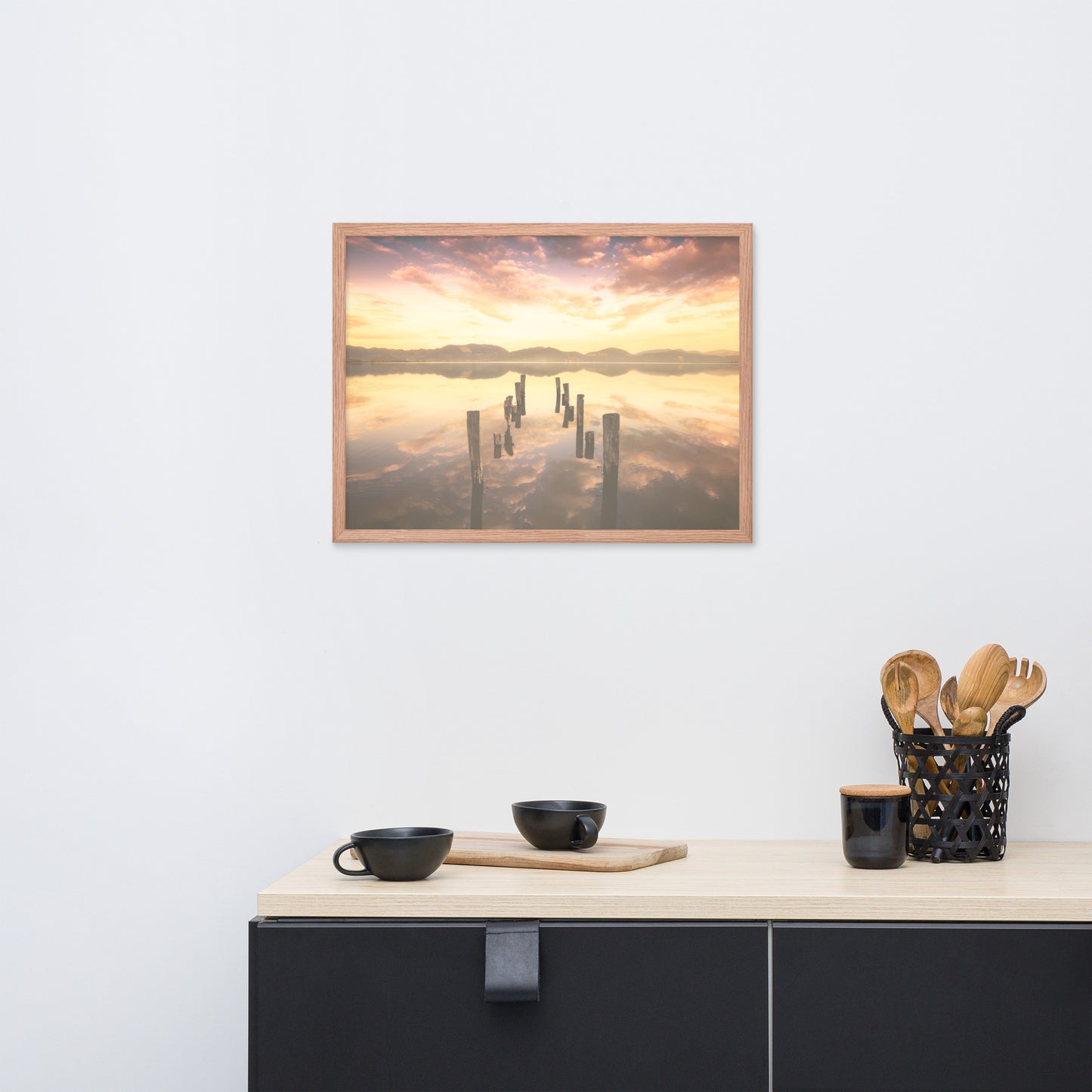 Sunset Pillars and Reflections on Lake Framed Wall Art Print