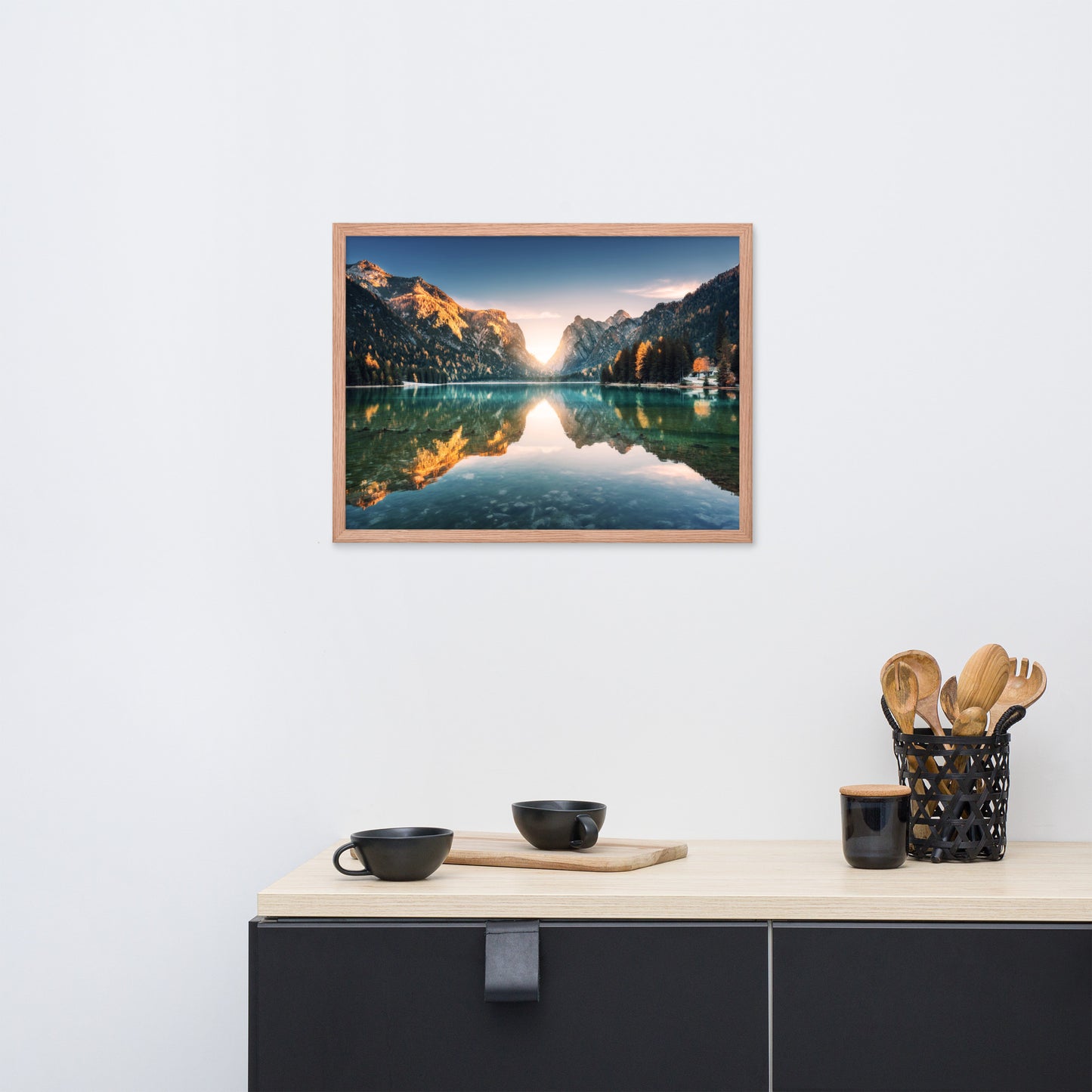Sunrise Misty Mountain Lake Lively Color Effect Framed Wall Art Print