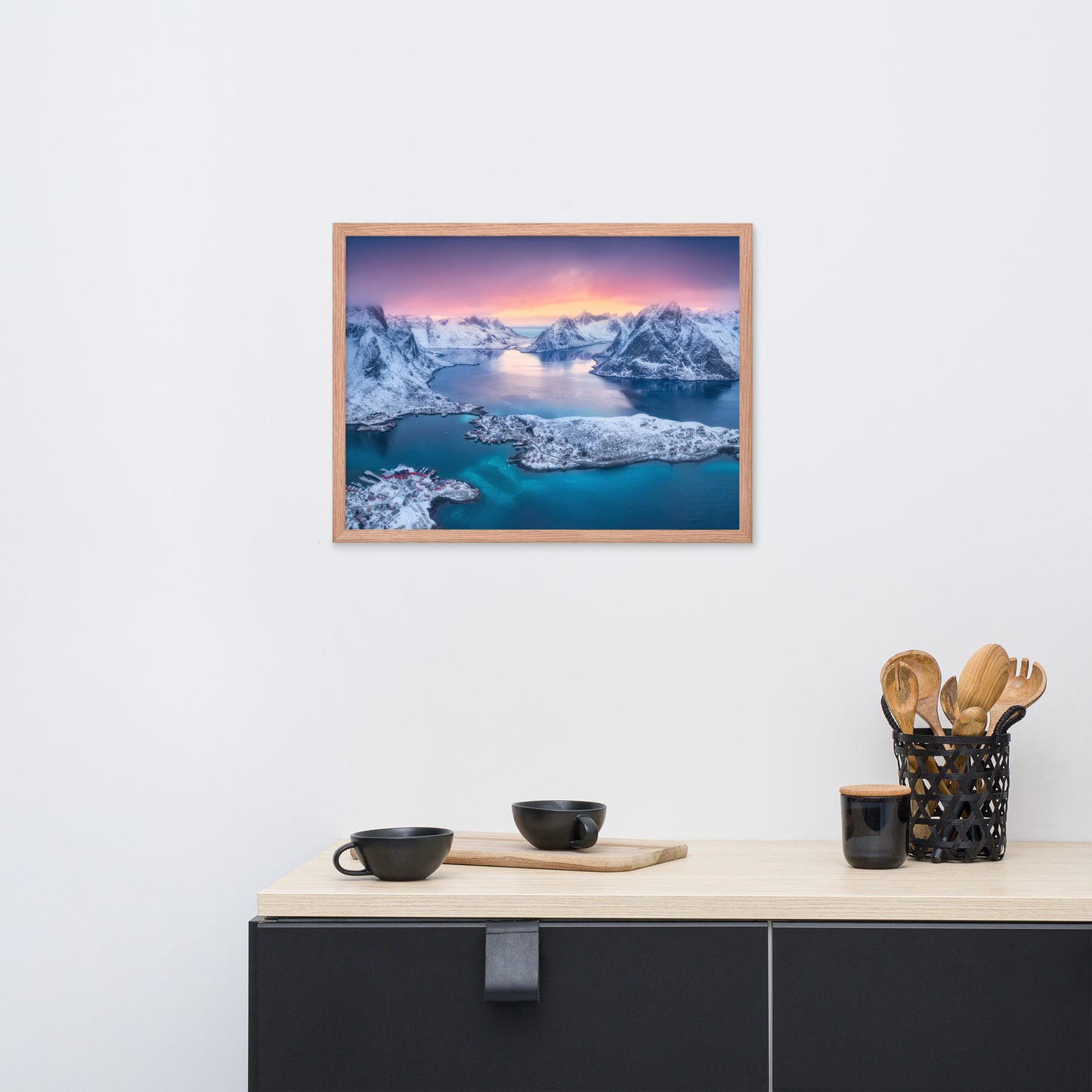 Reine at Winter Sunset Icy Mountain Framed Wall Art Print