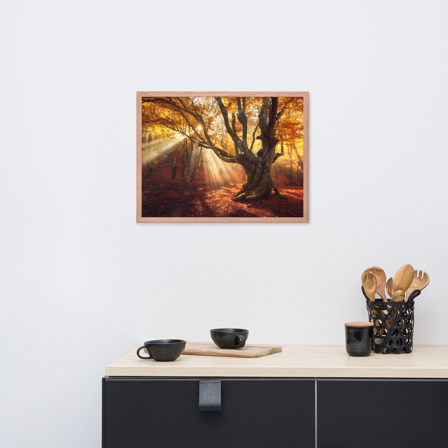 Old Magical Tree in Forest with Glory Rays Framed Wall Art Print