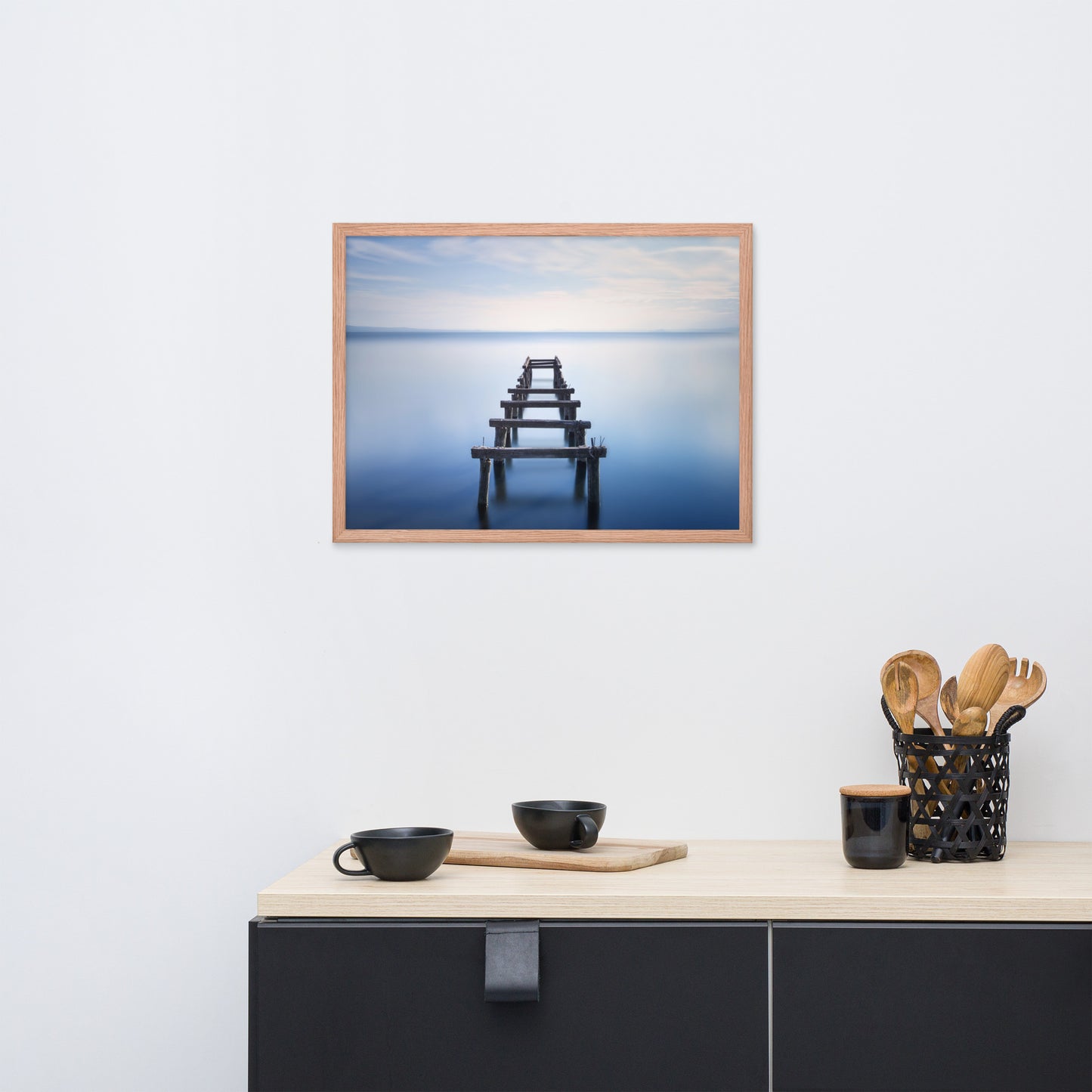 Soft Blue Lake and Abandoned Pier Landscape Photo Framed Wall Art Prints