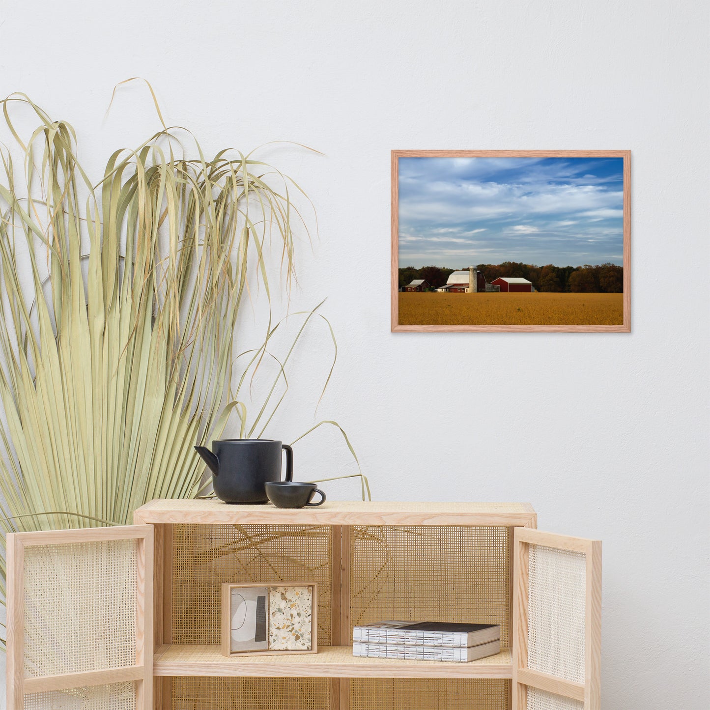 Red Barn in Golden Field Rural Landscape Framed Photo Paper Wall Art Prints