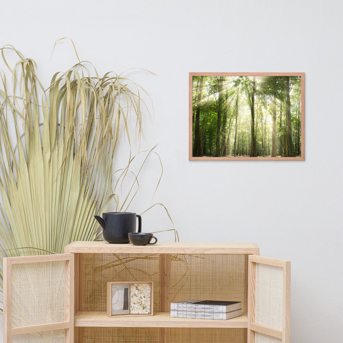 Sun Rays Through Treetops in the Forest Framed Photo Paper Wall Art Prints