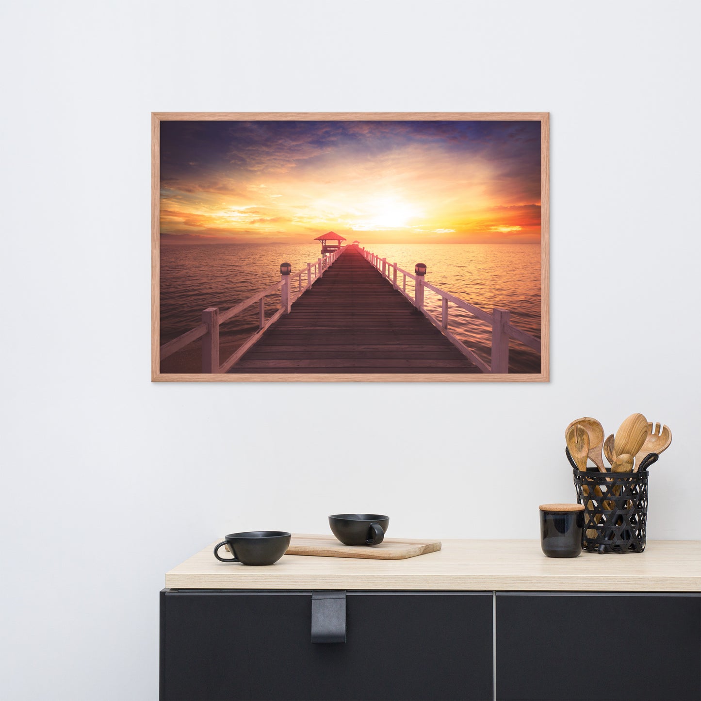 Surreal Wooden Pier at Sunset Framed Wall Art Print