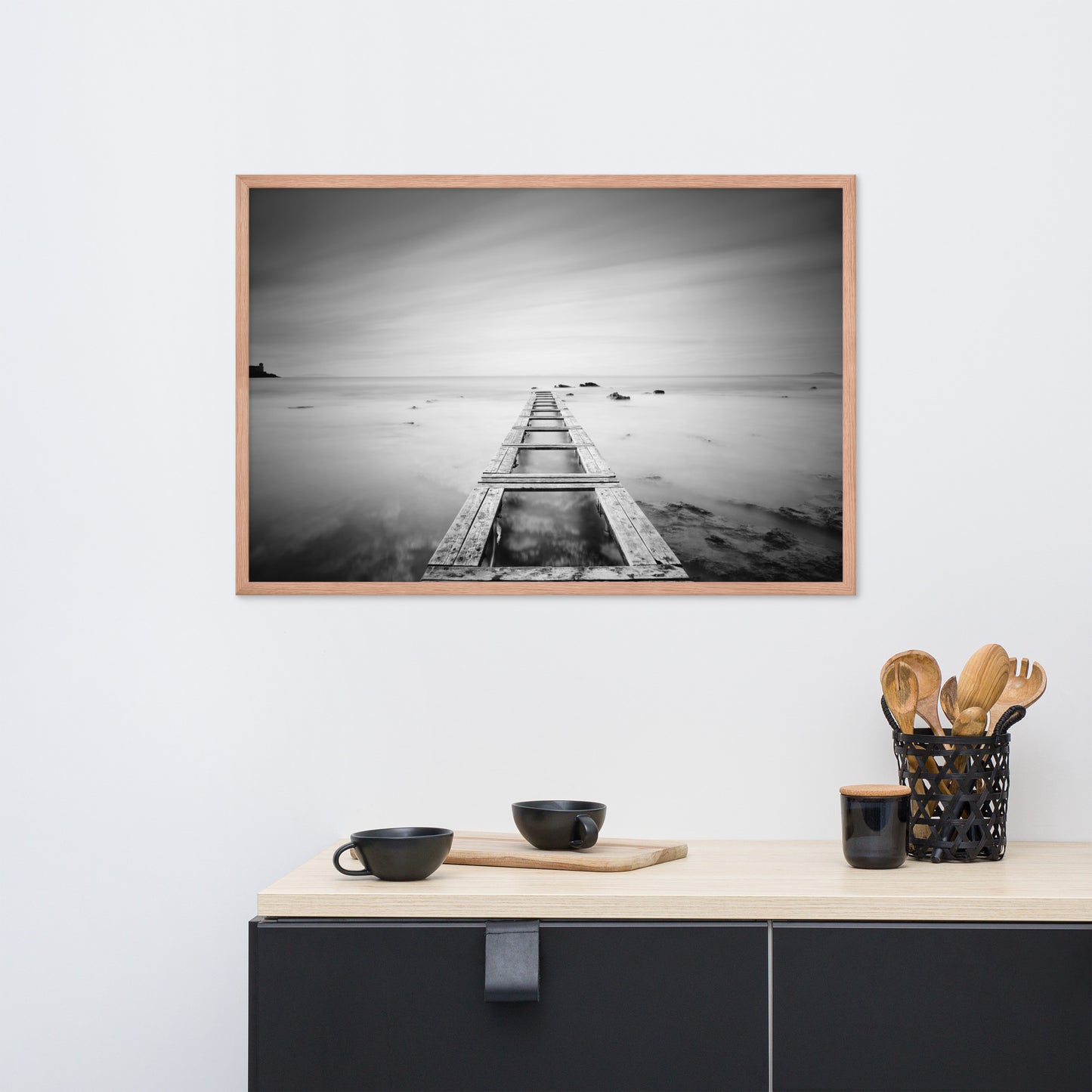 Moody Ocean and Sky Wooden Pier Black and White Framed Wall Art Prints