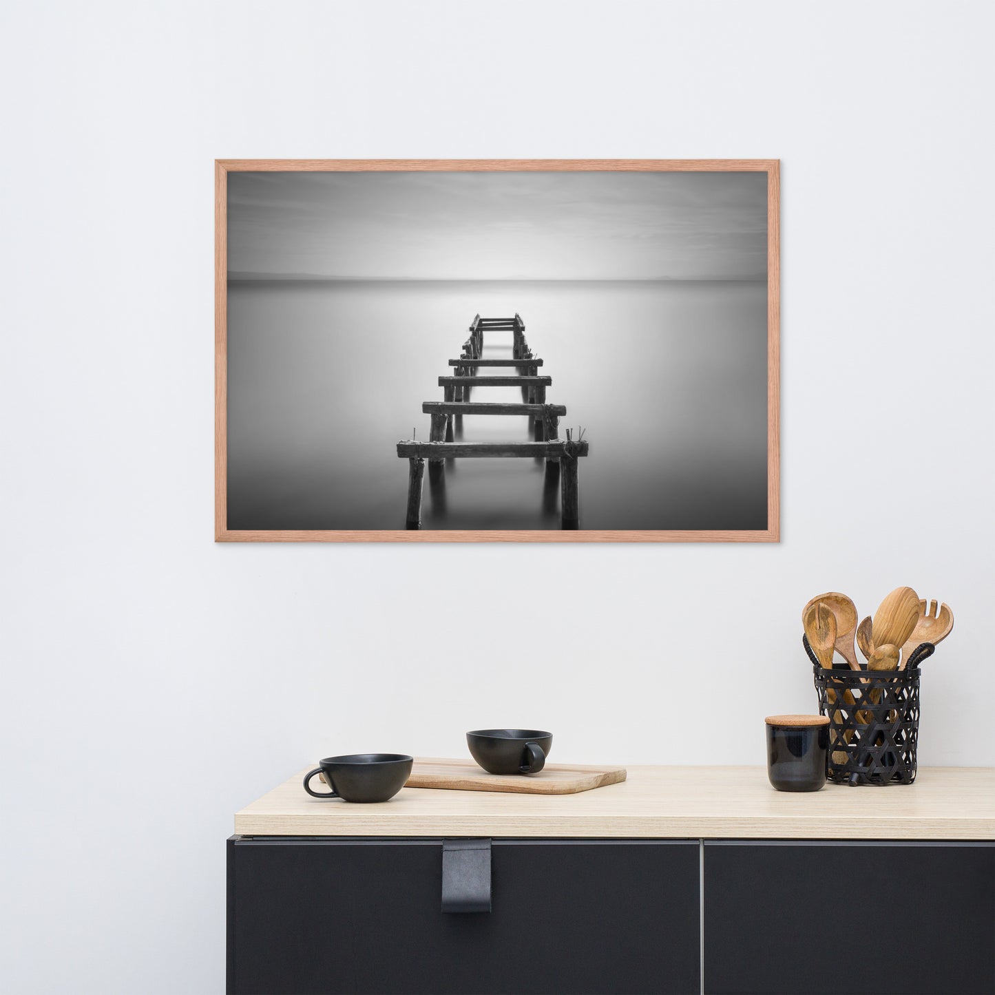 Soft Lake and Abandoned Pier Black and White Framed Wall Art Prints